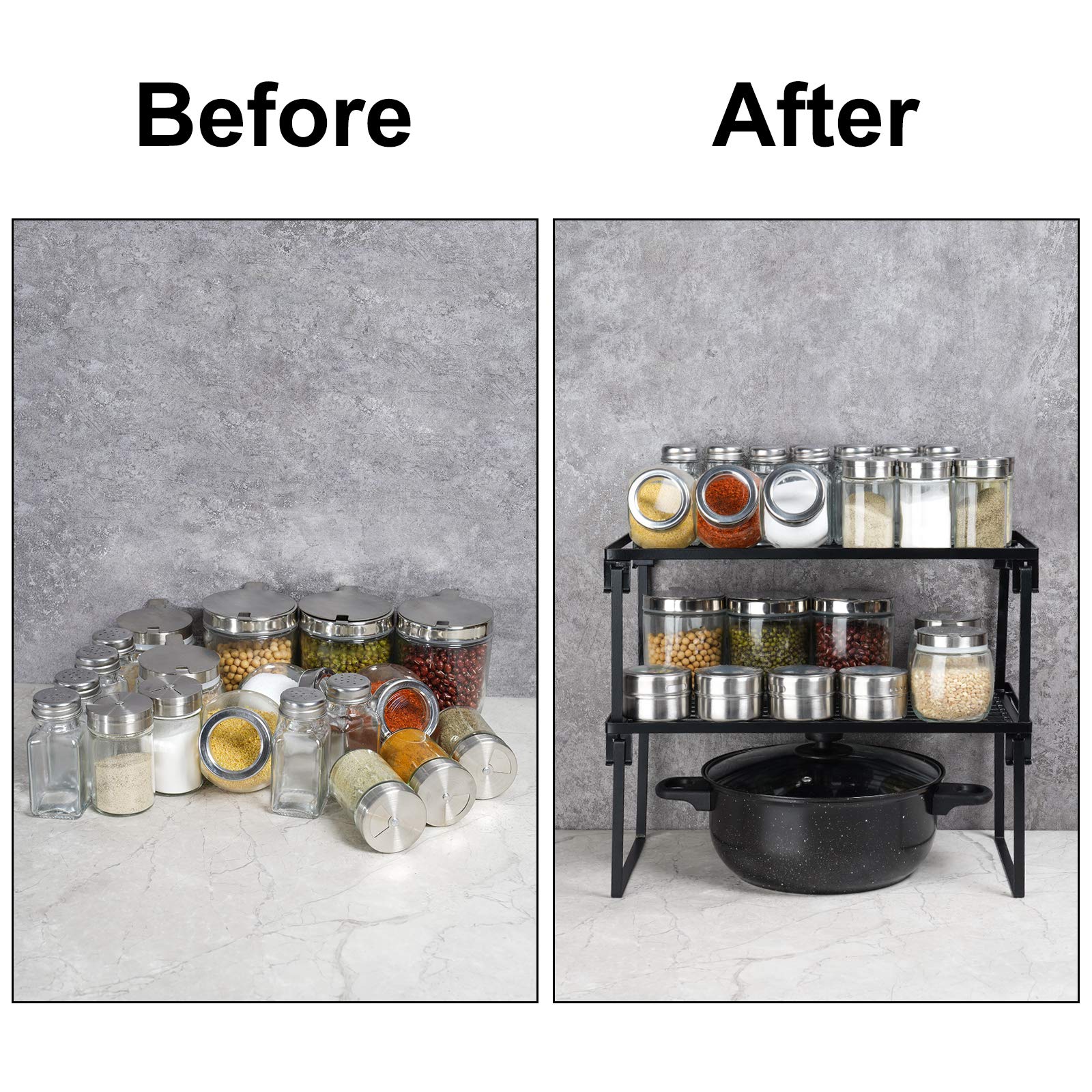 Tomorotec 2-Pack Stackable Kitchen Storage Shelf Rack - Foldable Spice Rack Cabinet Organizer for Counter & Cabinet, Perfect for Pantry, Bathroom, and Office Organization