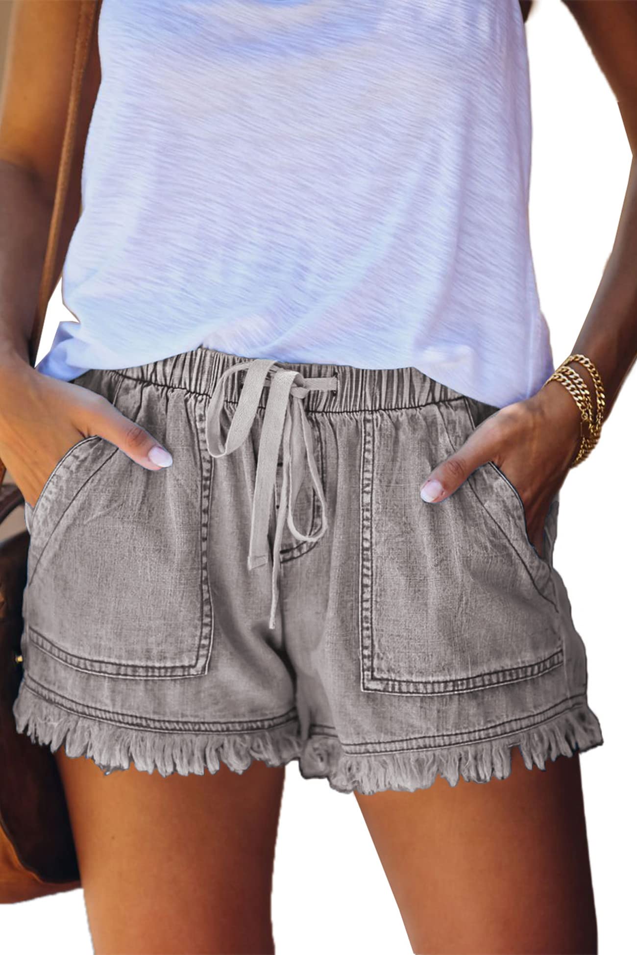 SMENG Women's High Waist Denim Shorts with Pockets - Stretch Cotton Jean Shorts for Summer, Casual Wear, and Outdoor Activities