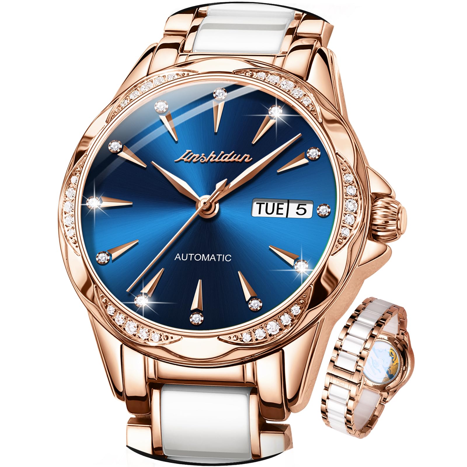OLEVS Automatic Women's Watch with Blue Diamond Dial - Self-Winding Mechanical Watch, Ceramic & Stainless Steel Rose Gold Case, Day/Date Display, Water Resistant - Elegant Dress Watch for Women, Perfect Gift for Her | Office, Party, Wedding & Everyday Wear