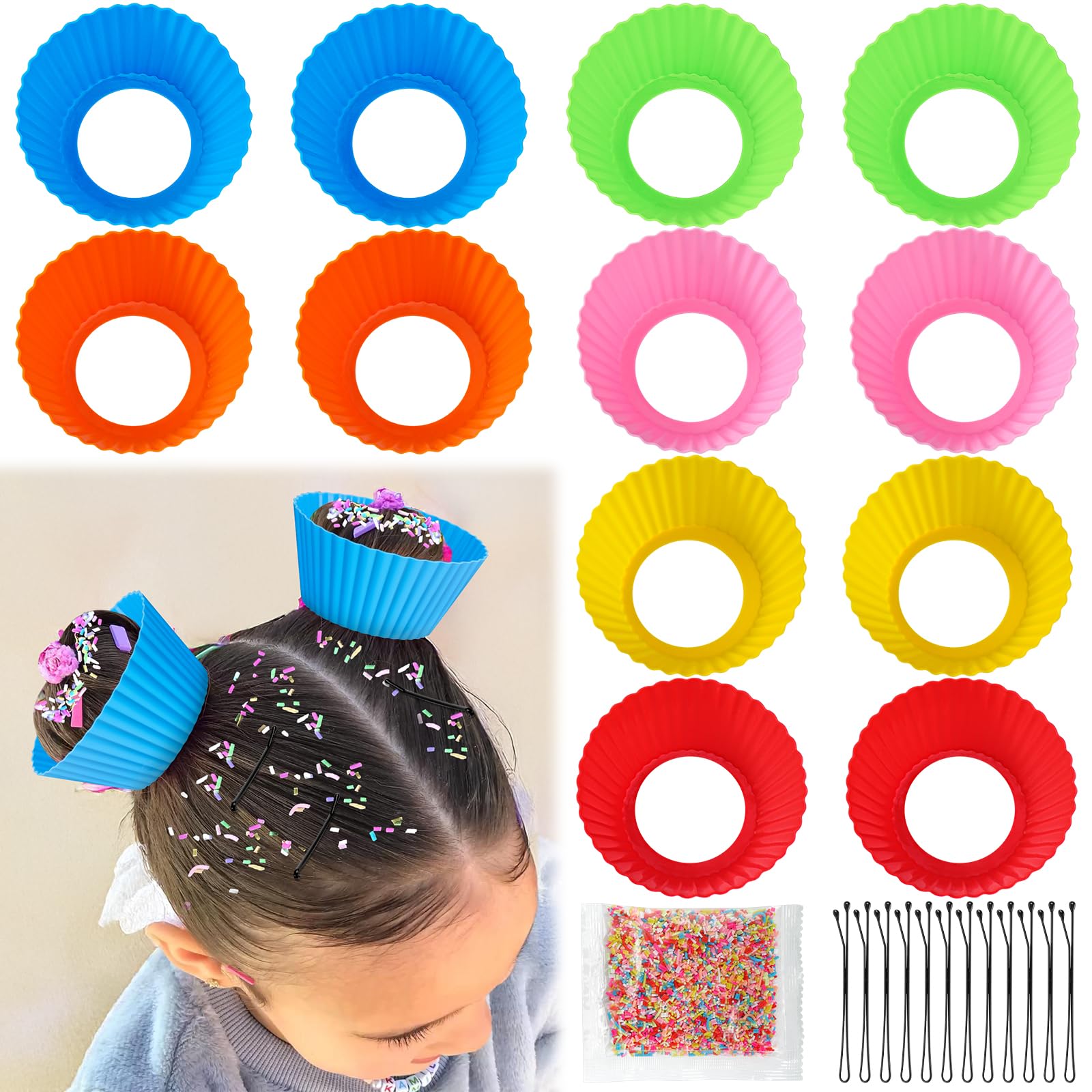 XANGNIER 12-Piece Hair Accessories Kit for Girls, Women & Kids - Cupcake Liners Hair Clips with Silicone Decorative Granules - Perfect for Crazy Hair Day, Birthday Parties & Costume Events
