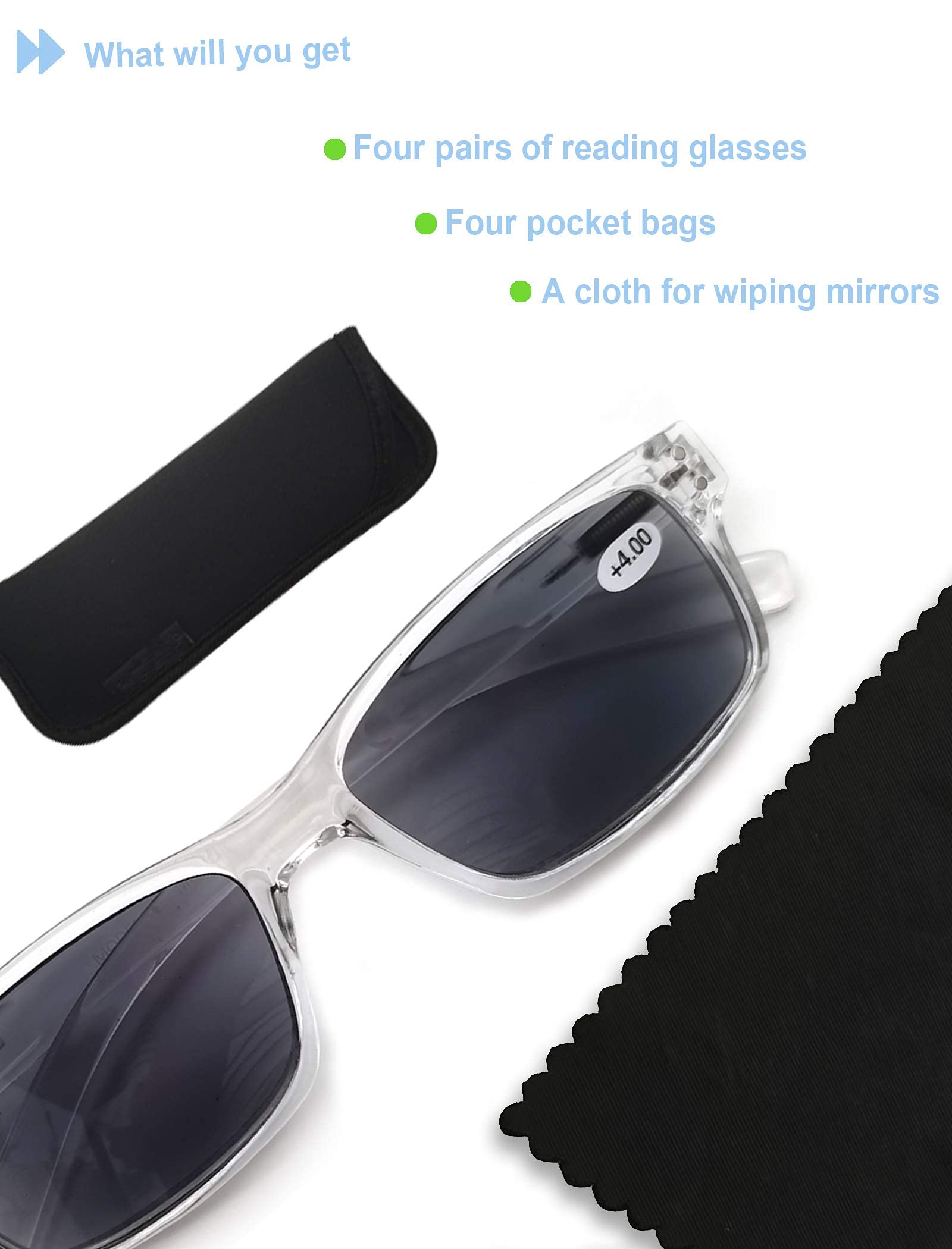 HEEYYOK 4 Pack Reading Glasses for Men & Women with Flexible Spring Hinges - Lightweight Cheater Glasses & Readers Sunglasses - Perfect for Reading, Computer Use, and Outdoor Activities