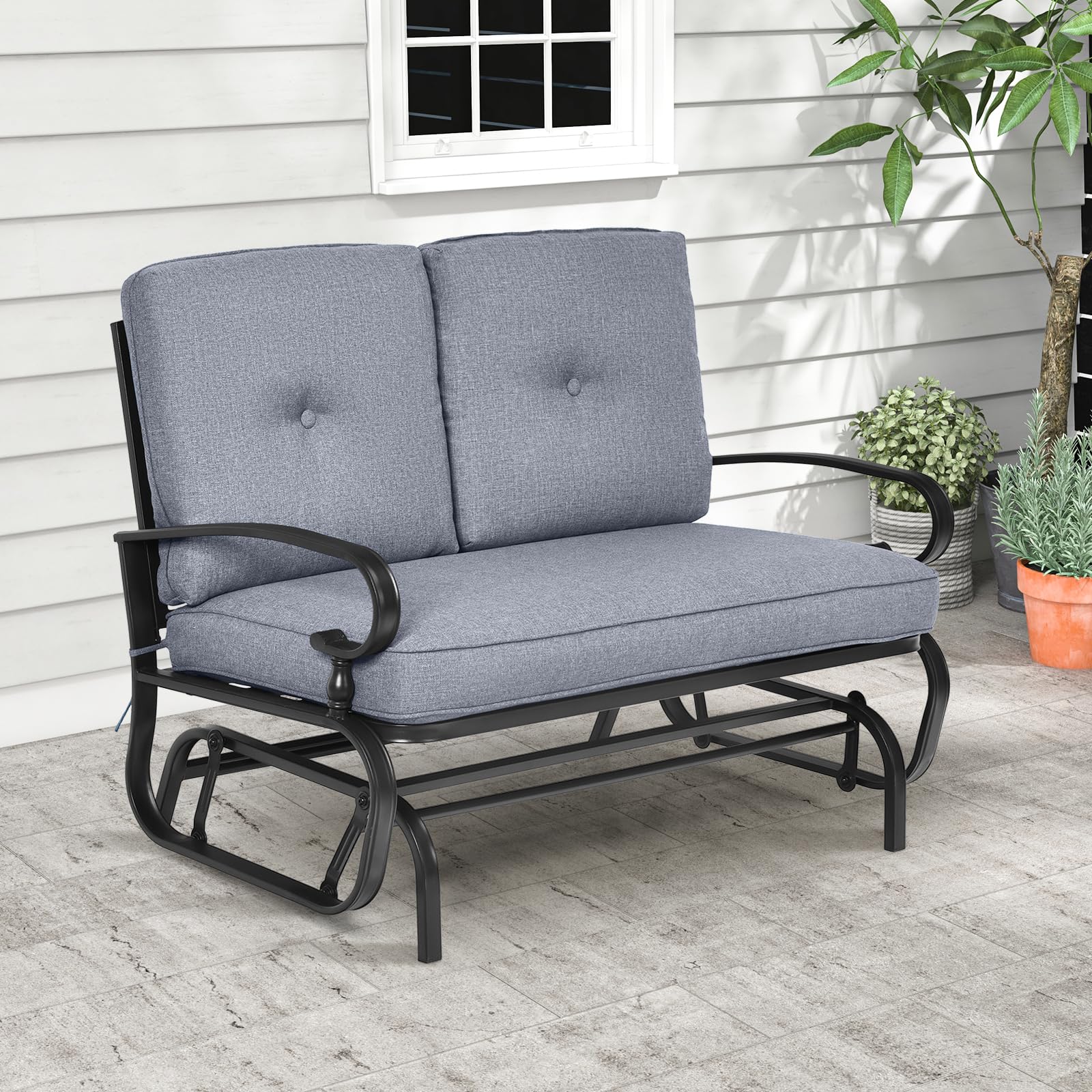 Tangkula 2-Person Outdoor Swing Glider Chair - Patio Loveseat with Steel Frame & Comfortable Cushions - Perfect for Garden, Porch, Balcony & Poolside Relaxation (Grey) - Ideal for Backyard Lounging, Sunset Watching & Outdoor Conversations