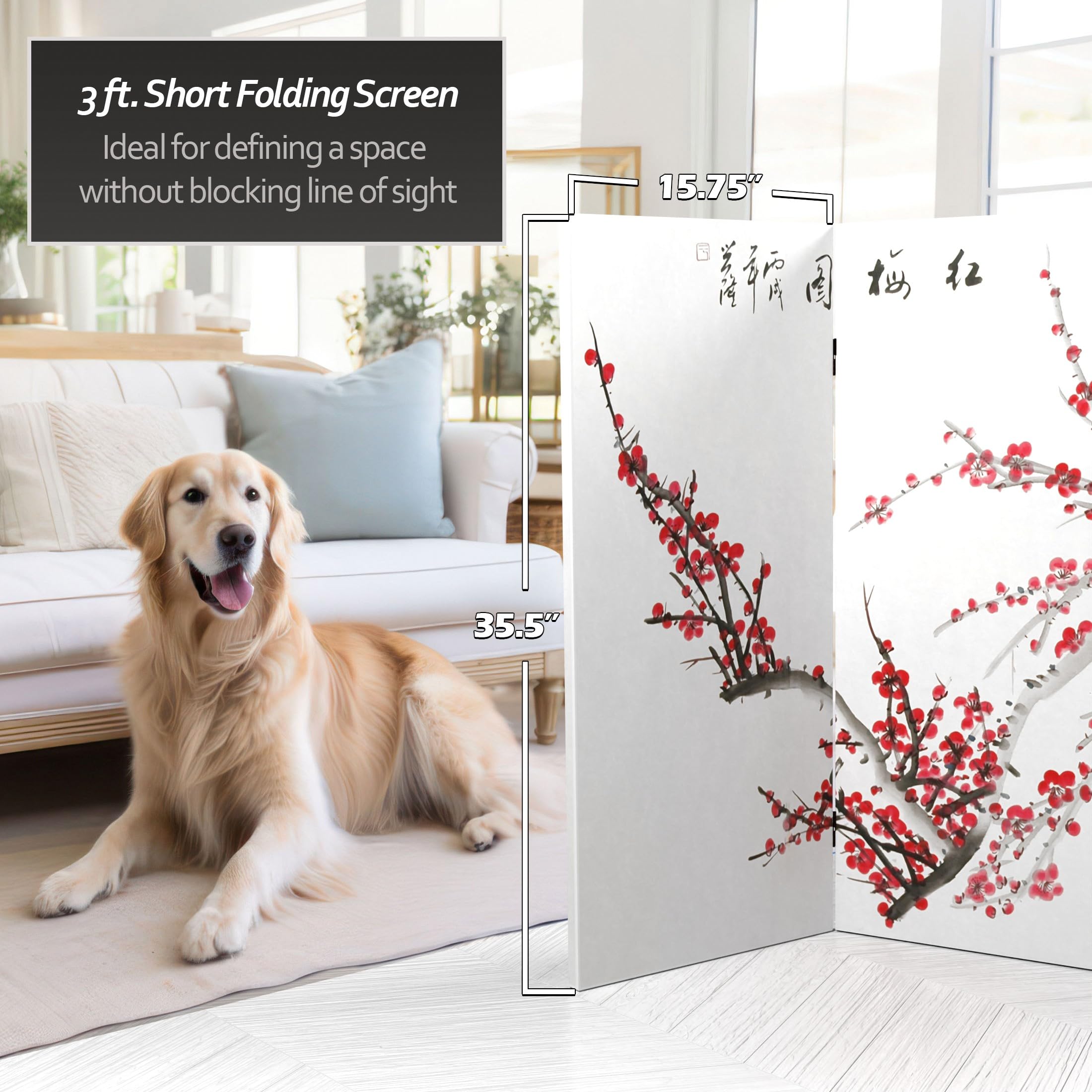 3 ft Red Lantern Double-Sided Plum Blossom Canvas Room Divider - Traditional Chinese Decorative Screen for Home, Office & Wedding Decor