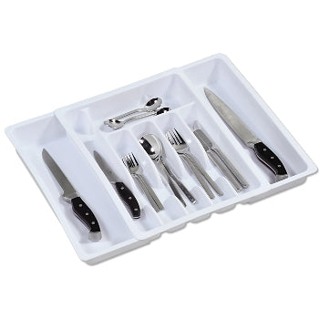 Expandable Cutlery Tray Organizer - White | Kitchen Utensil Storage Solution for Drawers | Perfect for Home, Office & Restaurant Organization