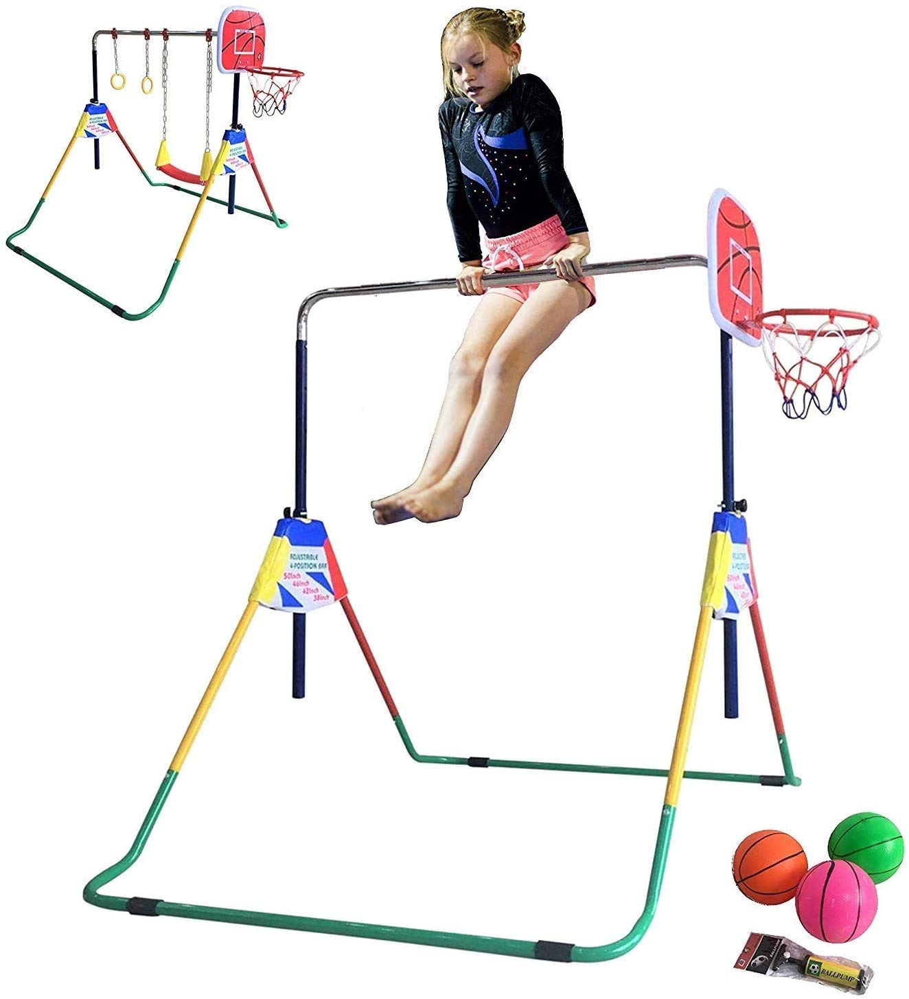 4-in-1 Kids Jungle Gym Set - Adjustable Monkey Bars, Swing Set, Trapeze Rings & Basketball Net - Foldable Horizontal Gymnastics Playground Equipment for Backyard, Indoor & Outdoor Kids Activities