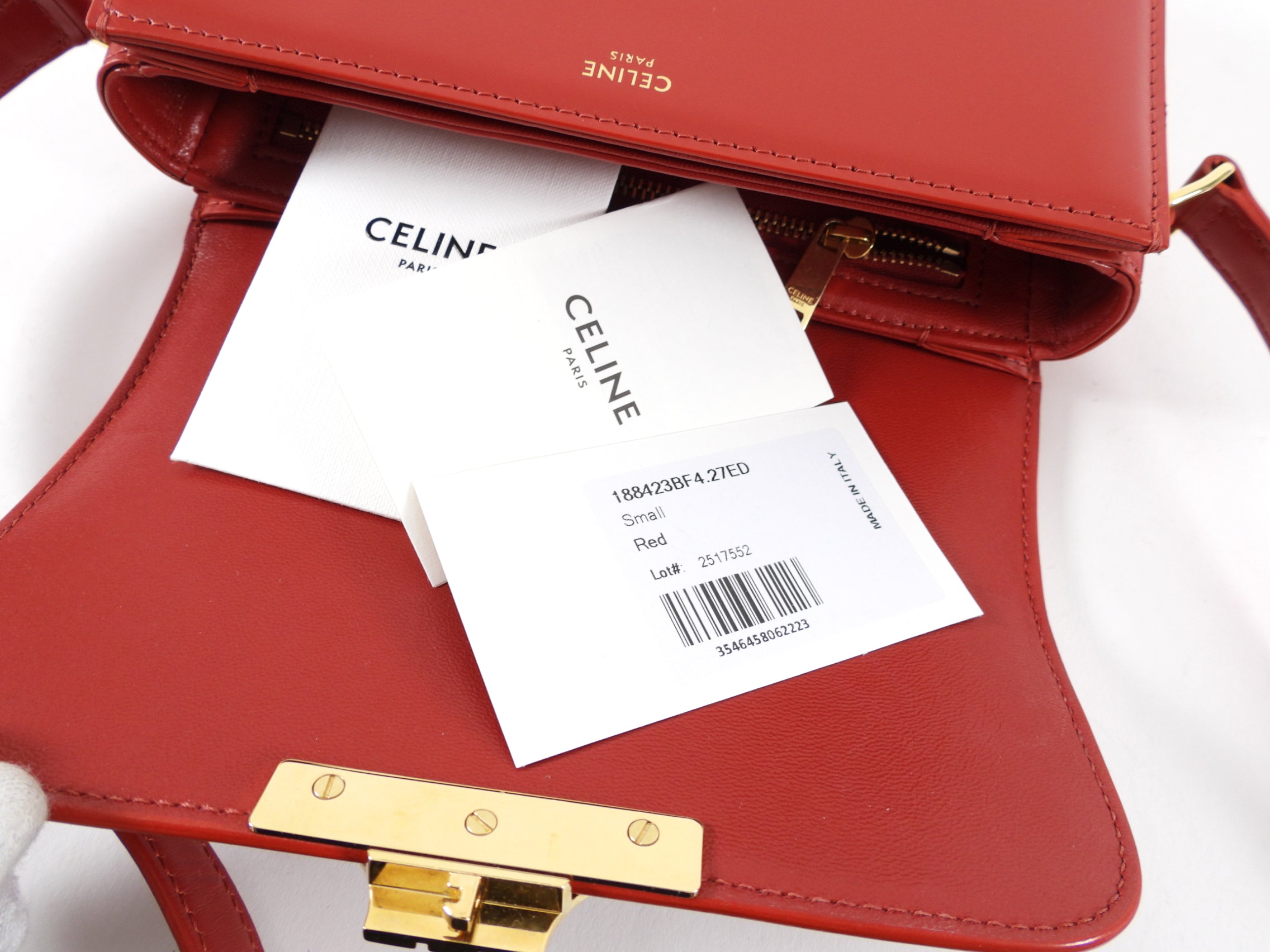 Celine Red Teen Triomphe Bag in Shiny Calfskin Leather - Luxury Crossbody Purse for Women, Perfect for Date Night & Evening Events