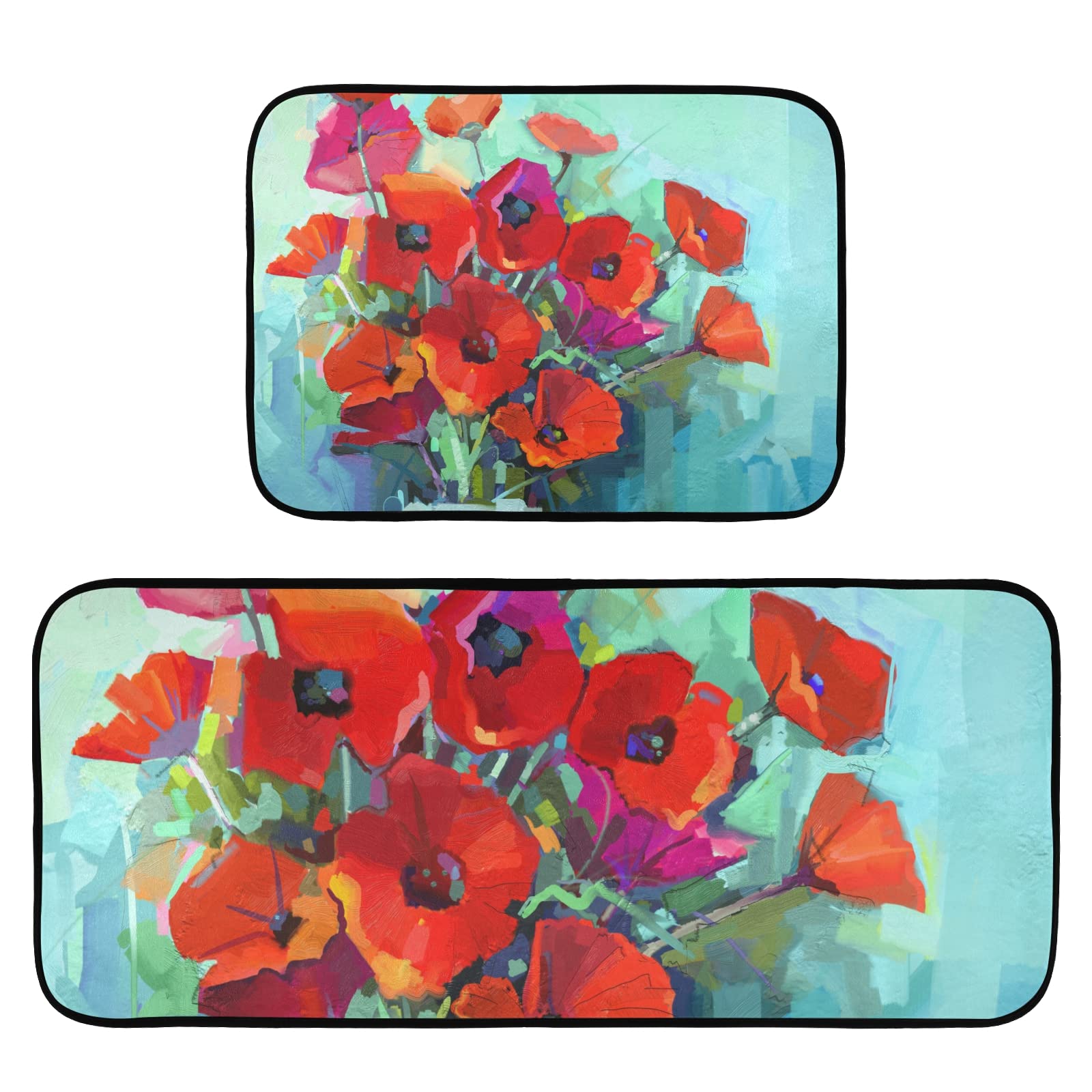 Watercolor Red Poppy Flowers Kitchen Mat Set of 2 - Non-Slip Anti-Fatigue Washable Cushioned Foam Rug - Comfort Standing Mat for Kitchen Floor - Home Decor Doormat - Perfect for Cooking, Baking & Home Decoration