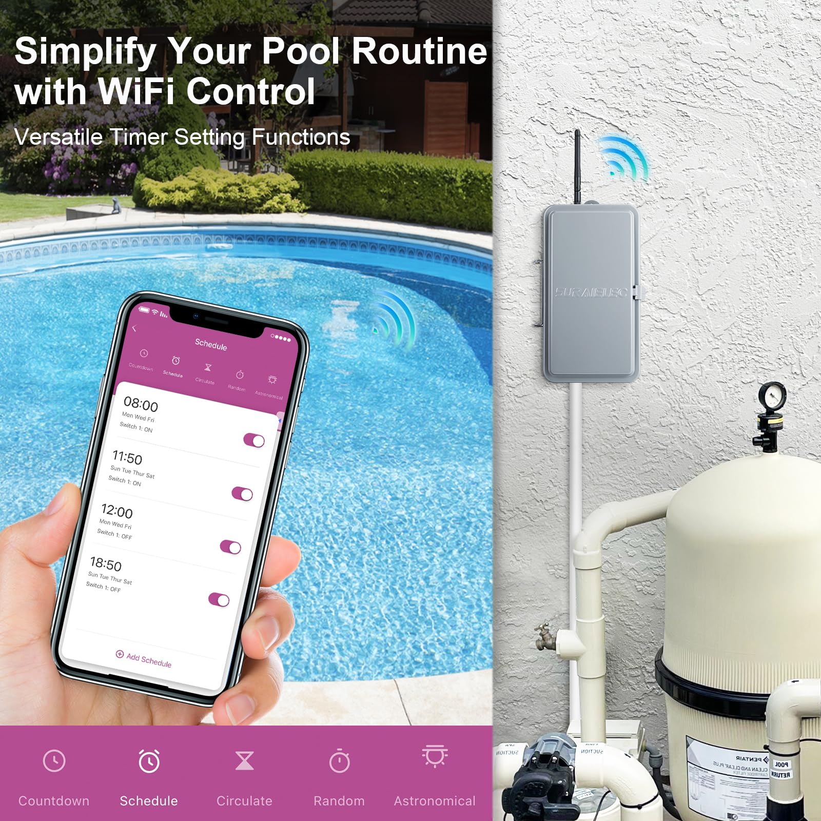 Suraielec WiFi Smart Pool Pump Timer - 40 AMP Heavy Duty Outdoor Timer for Pool, Spa, Water Heater & Lights (120V/240V/277V) | Weatherproof Metal Casing | Remote Control via App | Perfect for Automated Pool Maintenance & Energy Savings