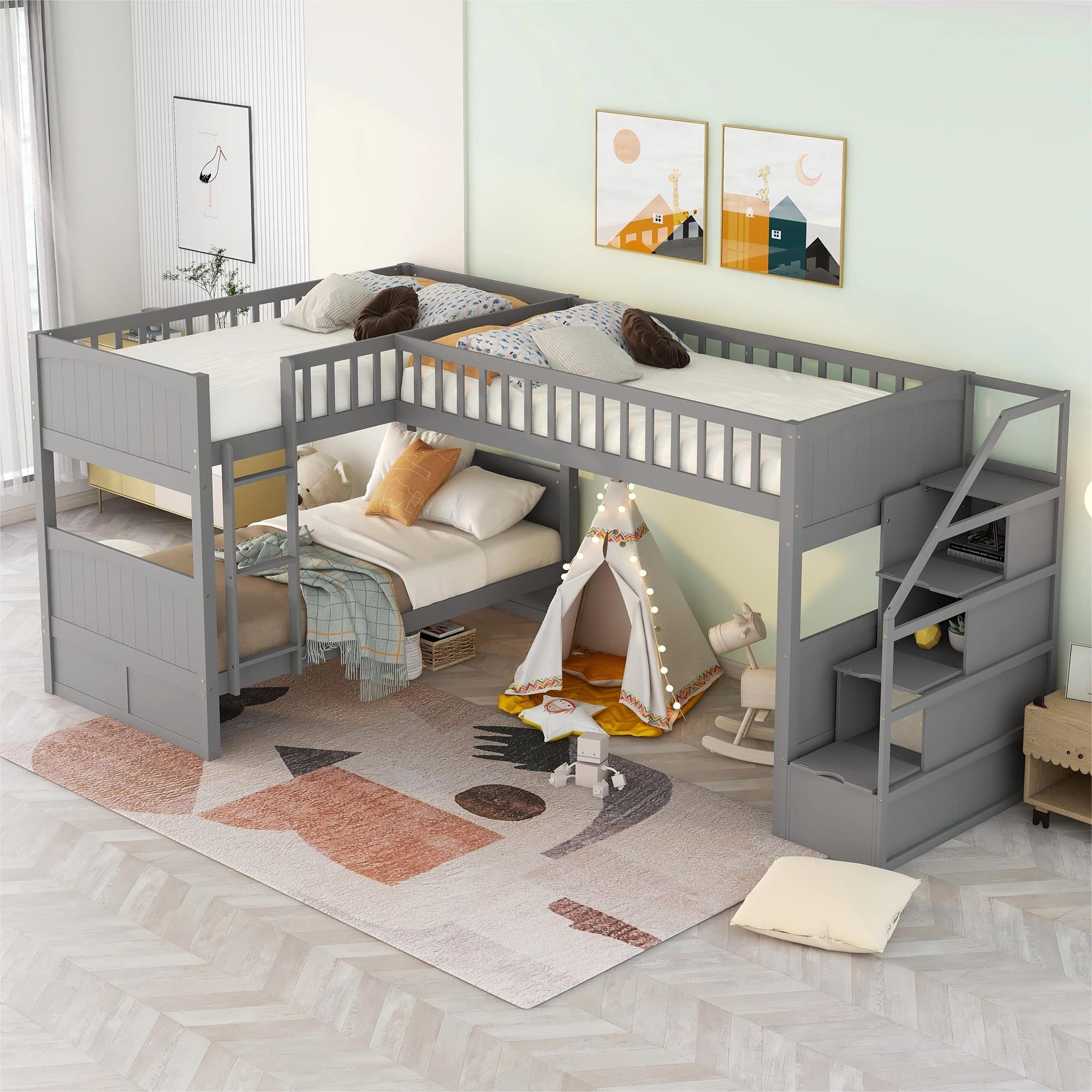 MOEO Twin Over Twin L-Shaped Bunk Bed with Twin Loft Bed Frame, Ladder & Stairway - Space-Saving Kids Bedroom Furniture for Boys & Girls, No Box Spring Needed, Gray - Perfect for Small Rooms, Shared Kids' Bedrooms & Vacation Homes