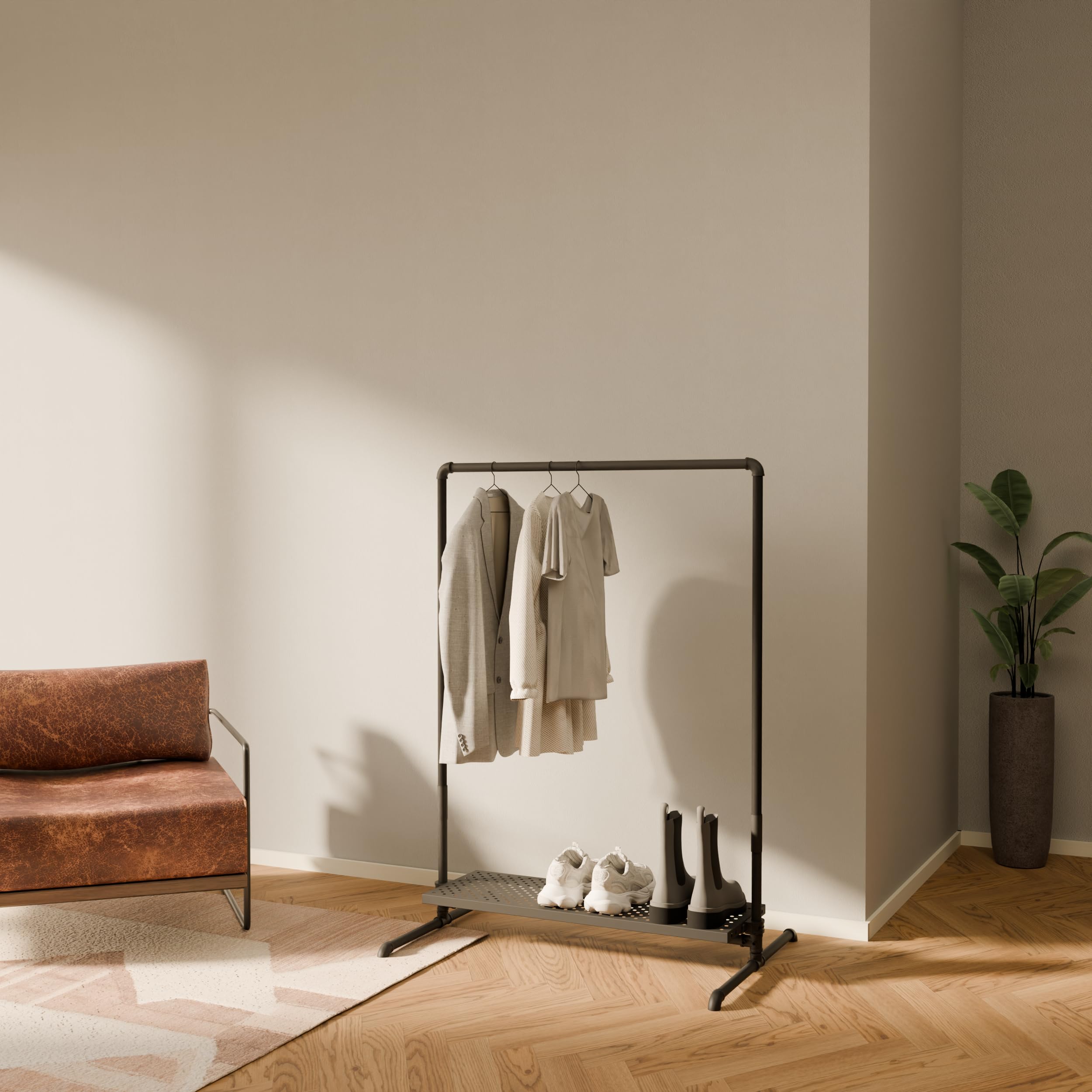 Pamo Heavy Duty Industrial Pipe Clothing Rack with Shelf - 130 lbs Capacity Free Standing Garment Rack for Walk-In Closet, Bedroom & Laundry Room Organization - Sturdy Metal Shelf Wardrobe Storage Solution for Hanging Clothes, Shoes & Accessories