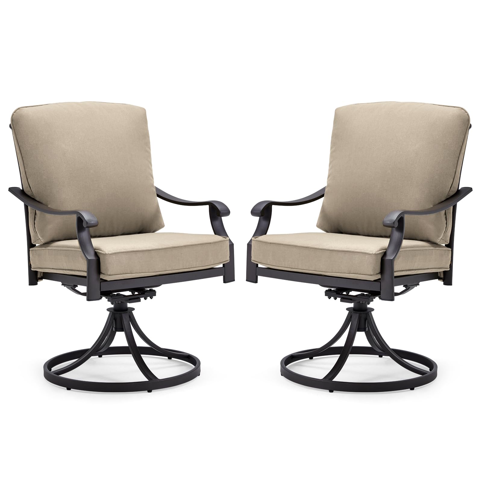 MELLCOM 2-Piece Patio Swivel Chair Set - Heavy Duty Outdoor Dining Chairs with Thickened Cushions, Gentle Rocking Metal Chairs for Garden, Lawn, Porch & Backyard - Khaki - Perfect for Outdoor Dining, Relaxing & Entertaining