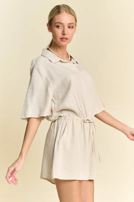 Stylish Women's Drawstring Waist Button Down Shirt Romper Jumpsuit - Casual Summer Outfit for Beach, Vacation & Date Night