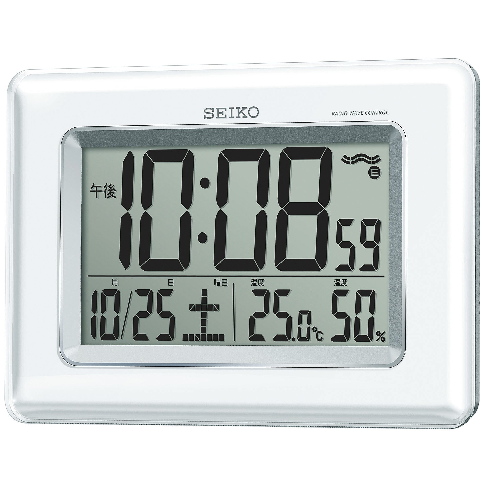 Seiko SQ424W Digital Wall Clock with Radio, Temperature & Humidity Display - White | Twin Alarm, Hanging or Tabletop Use for Home, Office, or Bedroom