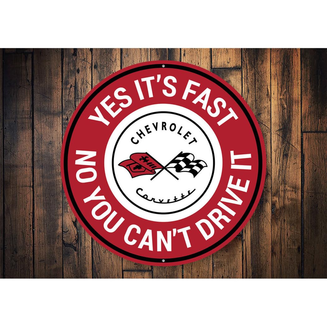 Chevy Corvette 'Yes It's Fast' Aluminum Garage Sign - 12 Inch Round Car Decor for Man Cave, Auto Shop & Racing Enthusiasts