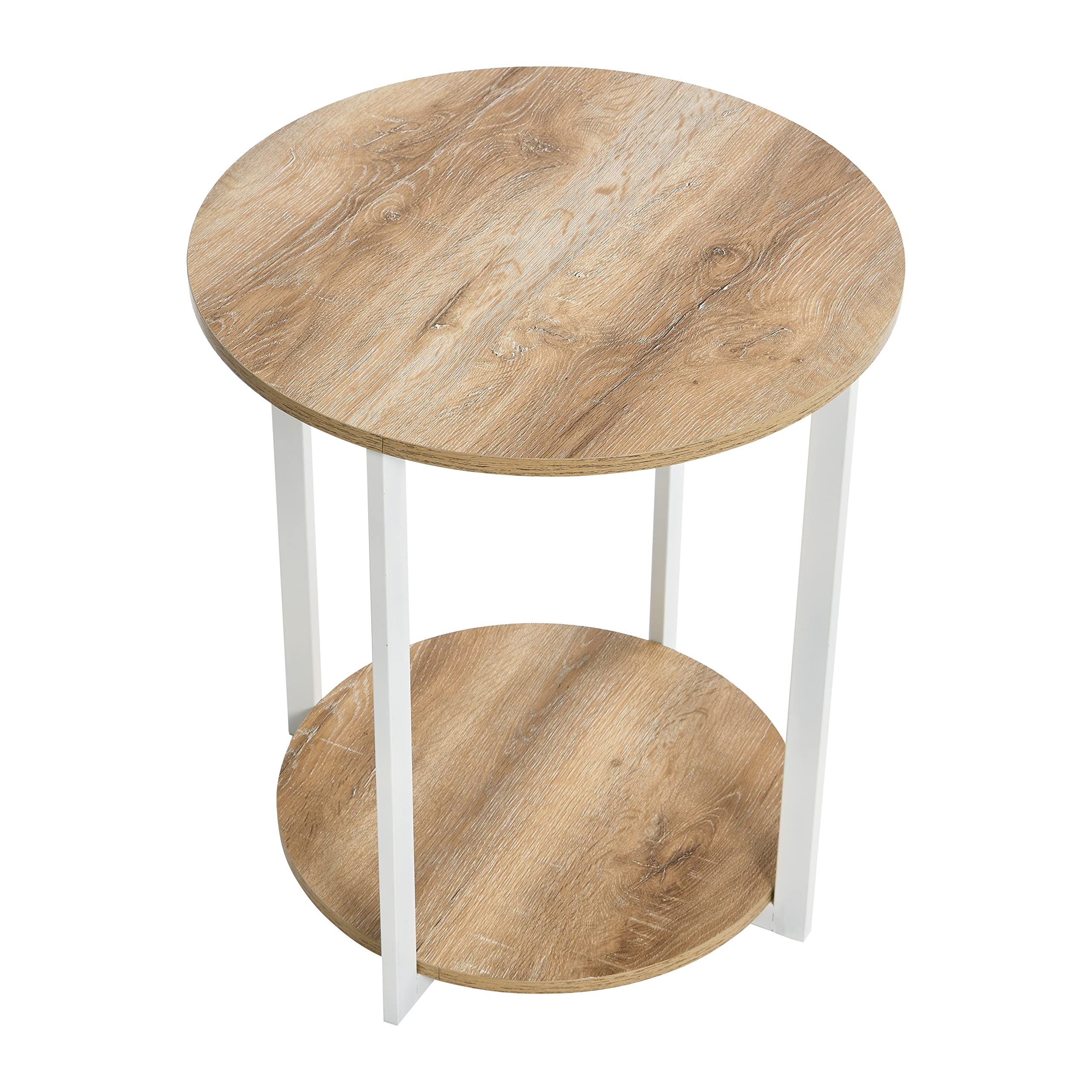Coastal Oak Round End Table with 2-Tier Shelf - Rustic Side Table for Living Room, Bedroom, or Patio - Perfect for Drinks, Books, and Decor
