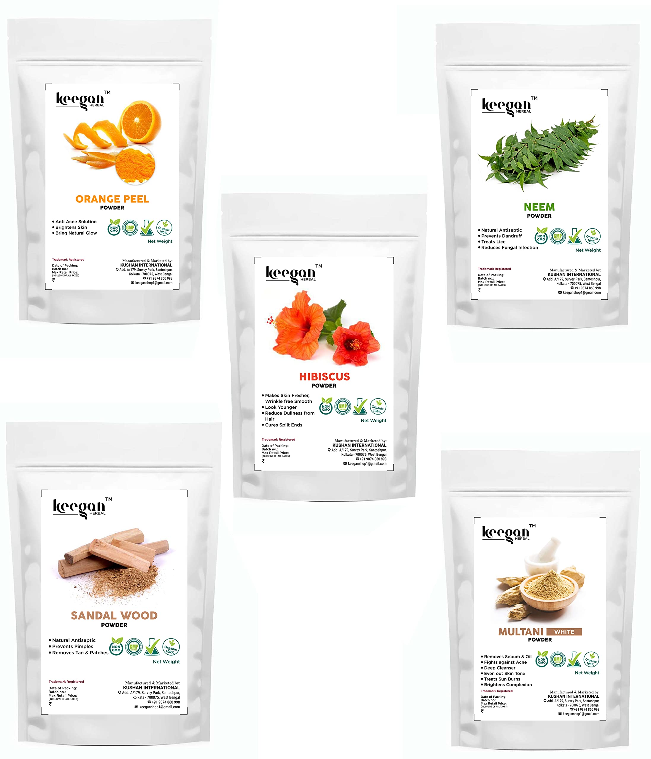 Keegan Herbal Natural Face Powder Combo - Multani Mitti, Orange Peel, Sandalwood, Neem & Hibiscus Powder (50g Each) for Glowing Skin, Acne Treatment & Skin Brightening | DIY Face Mask, Ayurvedic Skincare, Spa Treatment