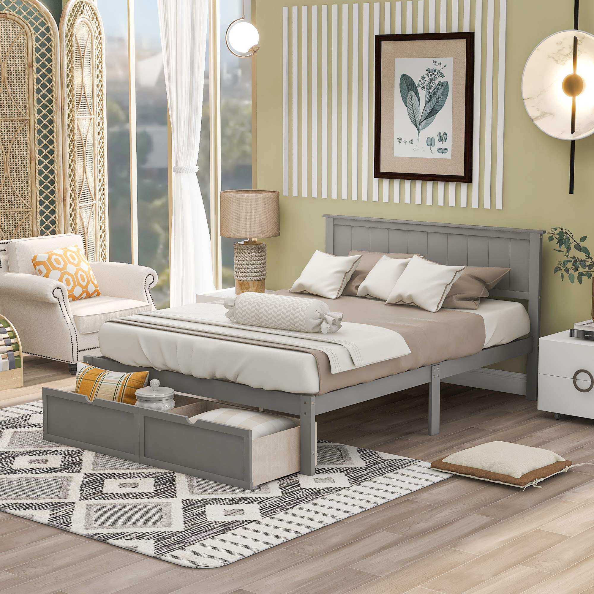 Rhomtree Wood Bed Frame with Storage Drawers - Full Size Platform Bed for Small Spaces