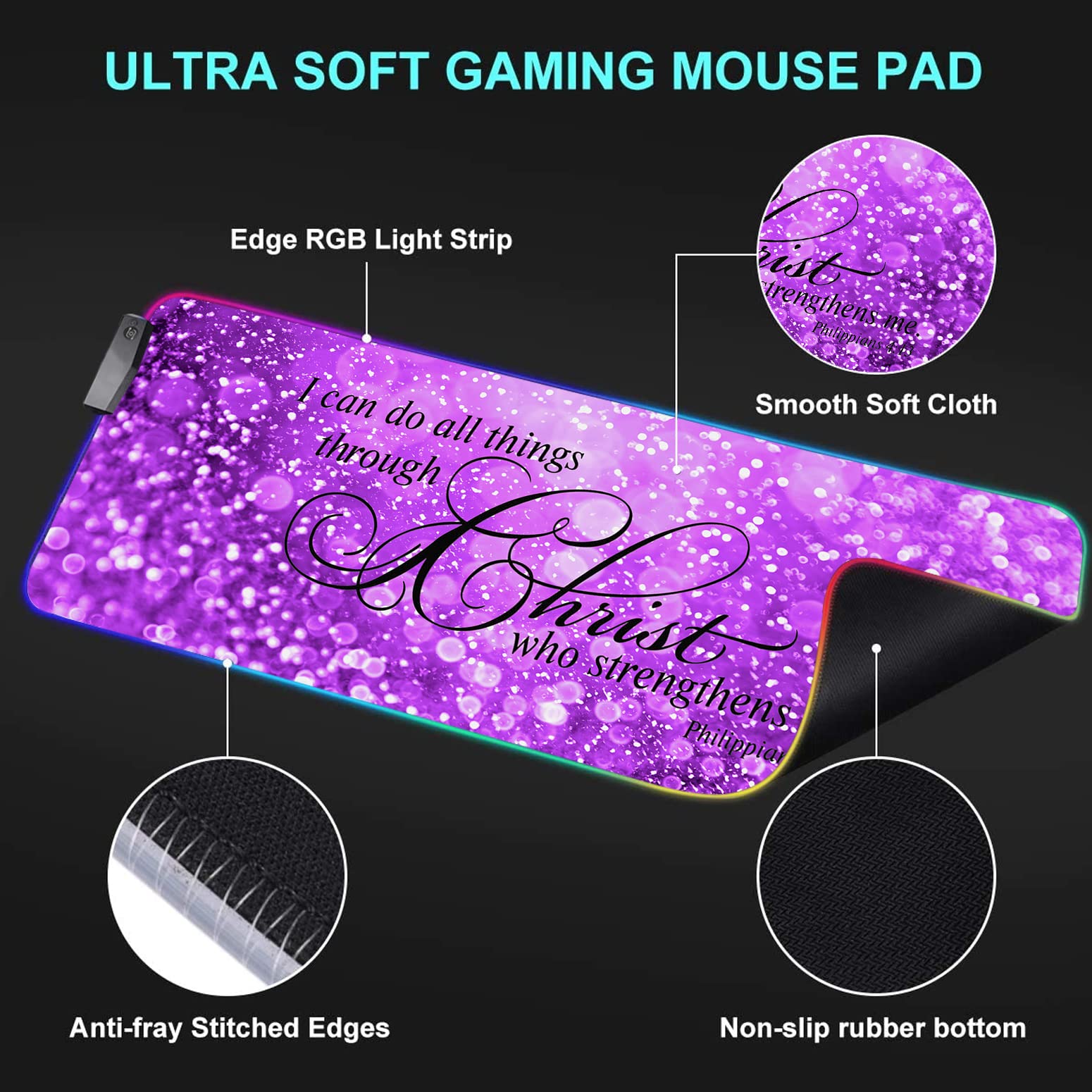 RGB Gaming Mouse Pad with LED Lights - Large Non-Slip Desk Mat for Keyboard & Mouse - Waterproof Optical Surface - Purple Bible Verse Design (Philippians 4:13) - Perfect for PC Gaming, Office Work & Home Computer Setup