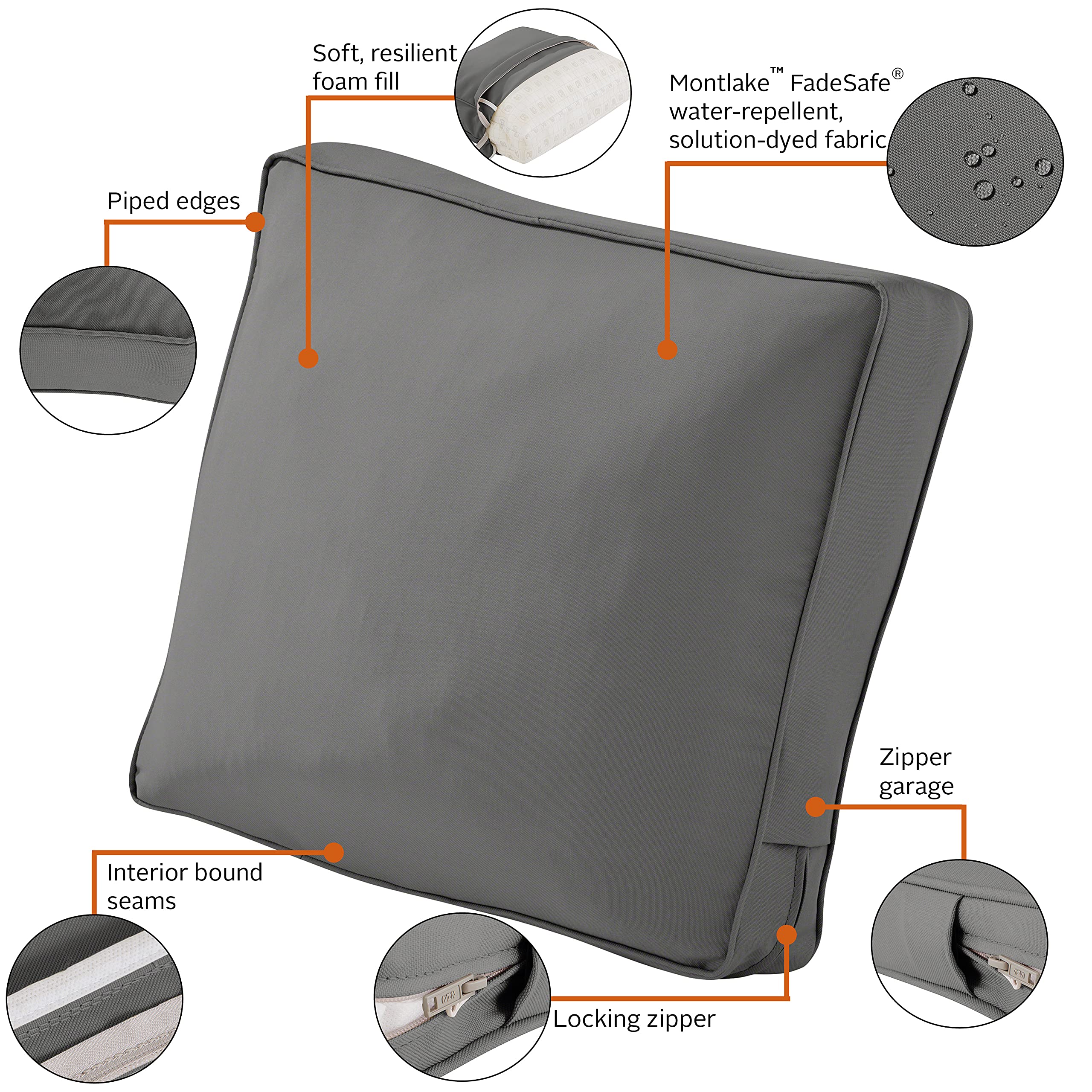 Classic Accessories Montlake FadeSafe Patio Lounge Chair & LoveSeat Cushion - 21x15x4 Inches - Light Charcoal - Outdoor Furniture Cushion for Deck, Poolside & Garden Relaxation