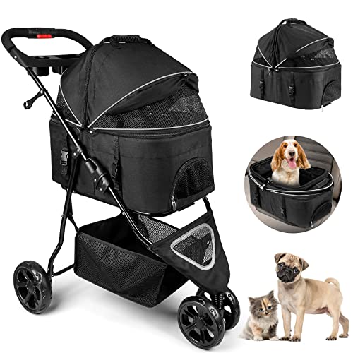 Premium 3-in-1 Folding Pet Stroller for Small Dogs & Cats - 3-Wheel Travel Stroller with Removable Carrier (Black) | Perfect for Outdoor Walks, Vet Visits & Shopping Trips