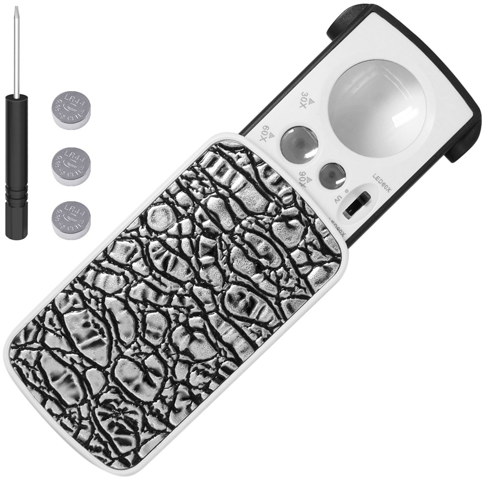 AFUNTA 30X 60X 90X LED Jewelry Loupe Magnifier - Pocket Magnifying Glass for Rocks, Stamps, Coins, Watches, Antiques & Hobbies | Perfect for Gemologists, Collectors & Craft Enthusiasts (Silver)