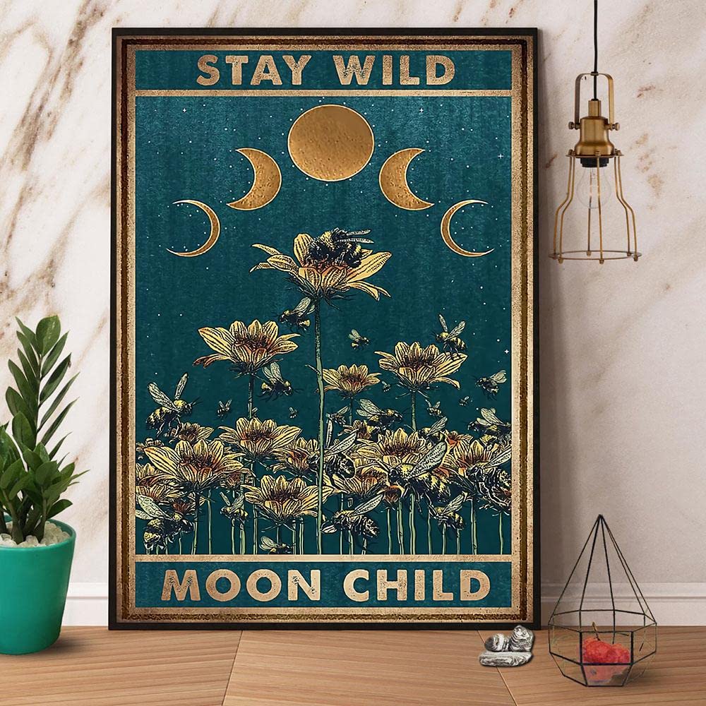 Bee Flower & Moon Stay Wild Moon Child Canvas Art Print - Framed Wall Decor Poster 24x36 Inch - Perfect for Bedroom, Living Room & Office Aesthetic Decor
