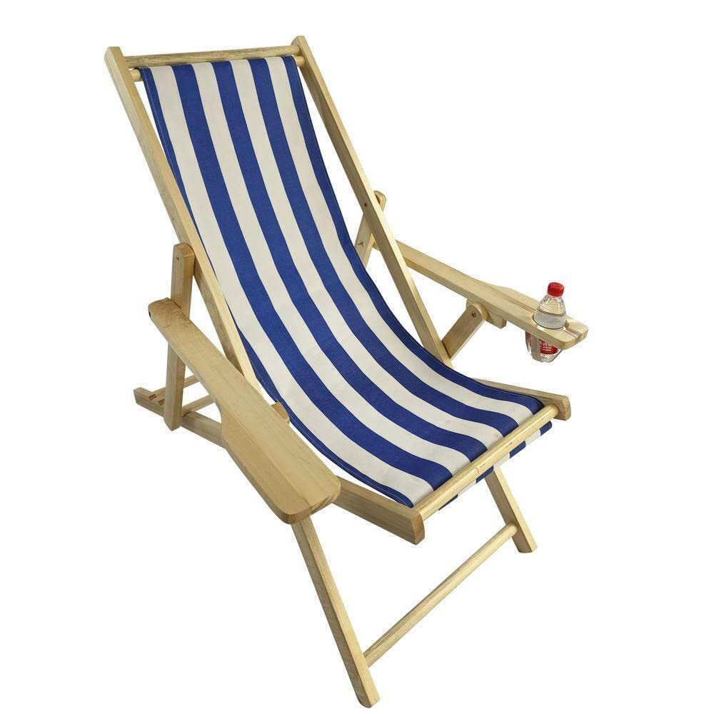 Blue Striped Poplar Wood Hanging Chair with Cup Holder - Outdoor Patio, Backyard, Beach & Garden Relaxation Swing for Adults