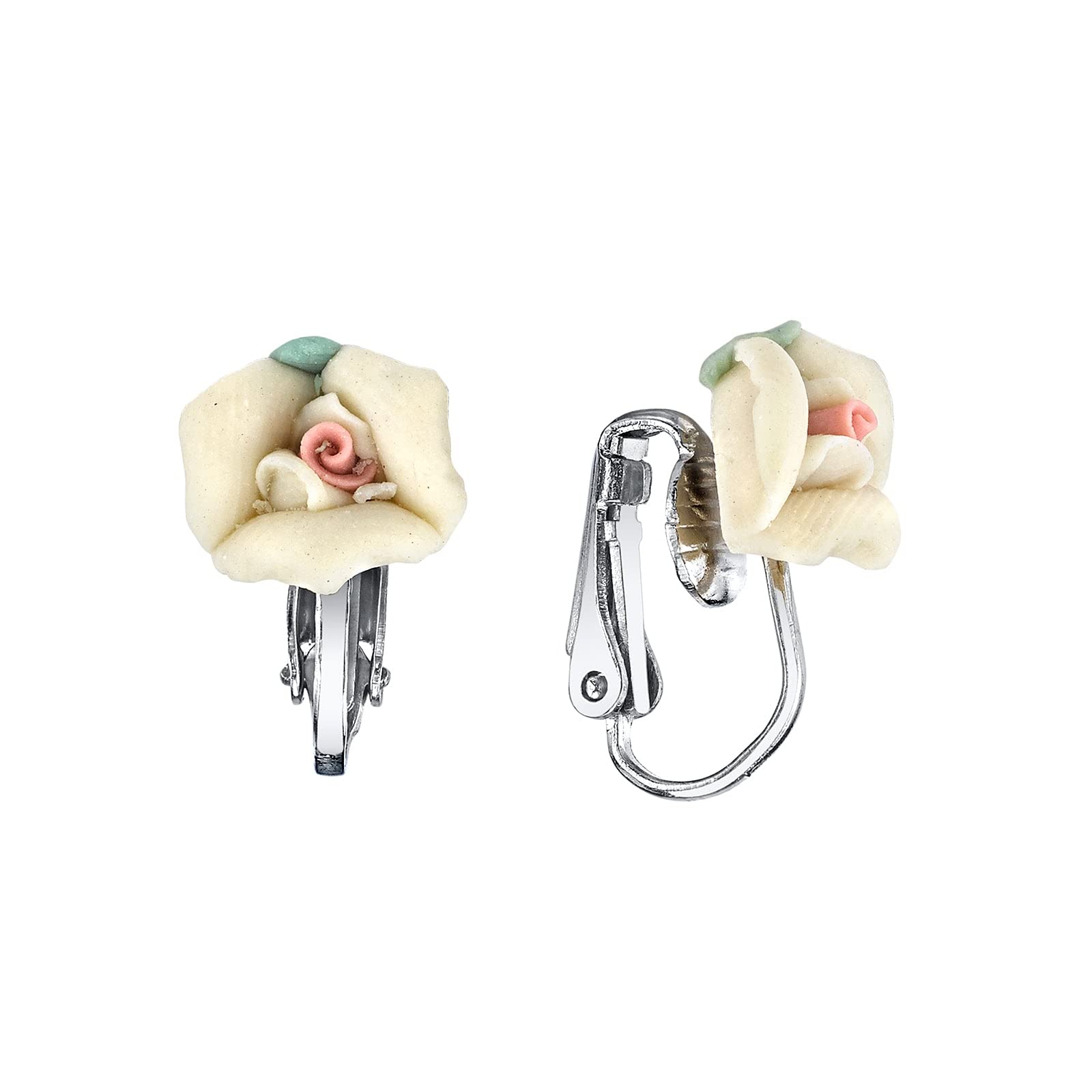 1928 Vintage Porcelain Rose Clip-On Earrings for Women – Elegant Bridal Jewelry for Weddings, Prom, and Special Occasions