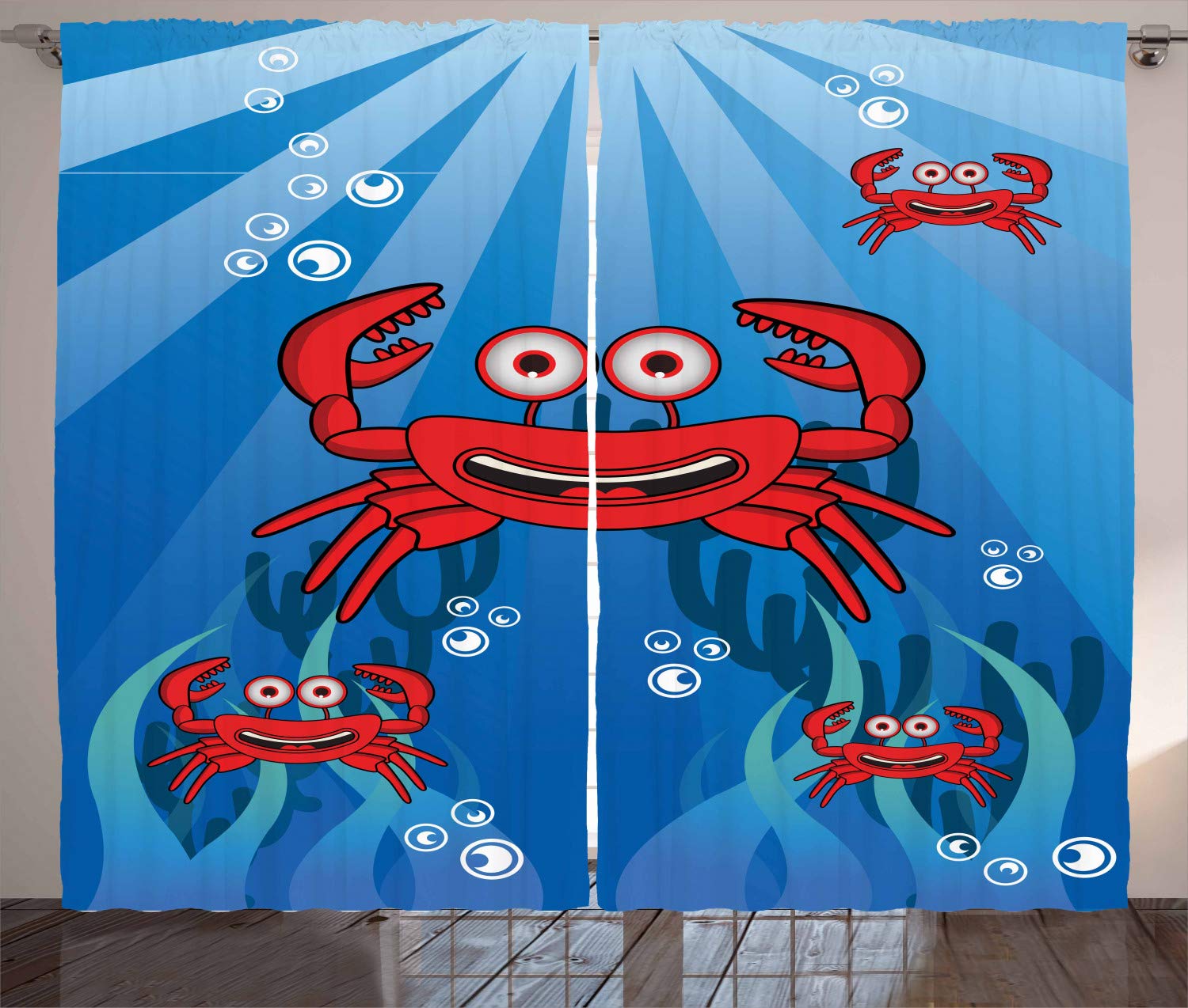 Ambesonne Funny Crab Curtains - 2 Panel Set with Underwater Smiling Crabs, Bubbles, Coral & Sun Rays - 108