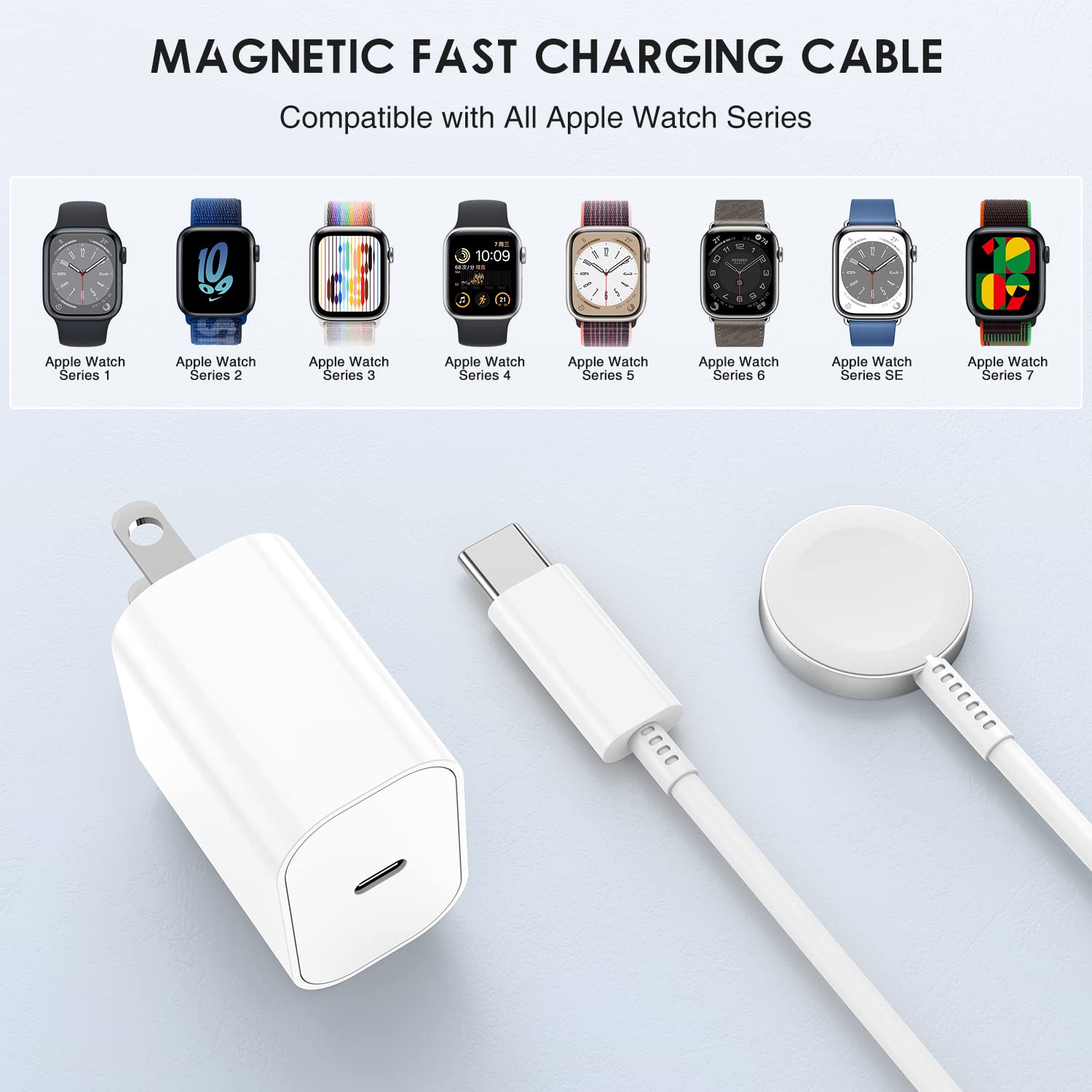 MFi Certified Fast Charger for Apple Watch - 6ft USB C Charging Cable with Power Adapter - Compatible with Apple Watch Ultra/Series 8/7/6/SE/5/4/3/2/1 - Portable Charging Cord for Travel, Office & Home Use - White