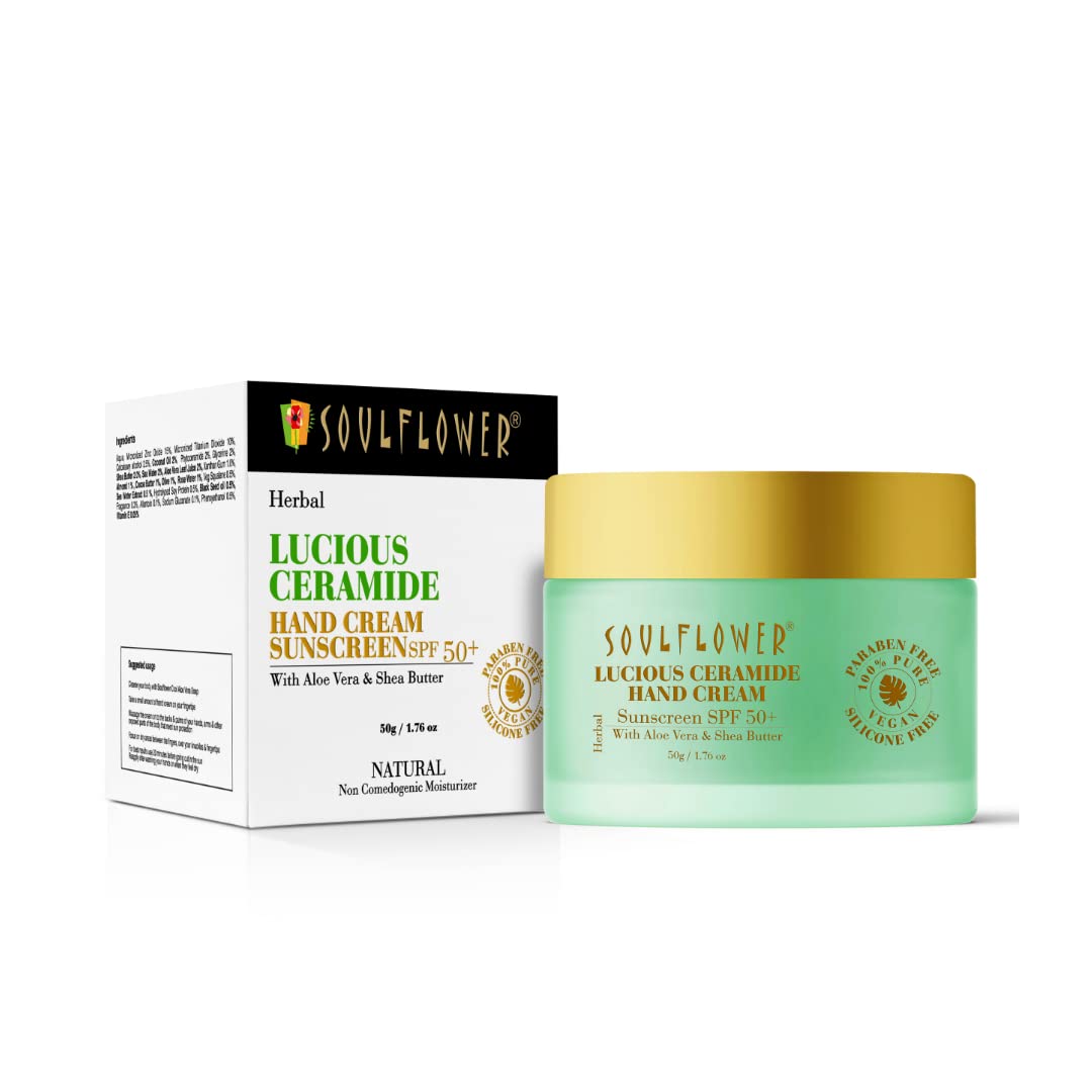 Soulflower Ceramide Hand Cream with SPF 50+ | Moisturizing & Repairing for Dry, Rough Hands | Sun Protection, Oil-Free Formula | Enriched with Aloe Vera & Shea Butter | 50g | Ideal for Daily Use, Outdoor Activities & Travel