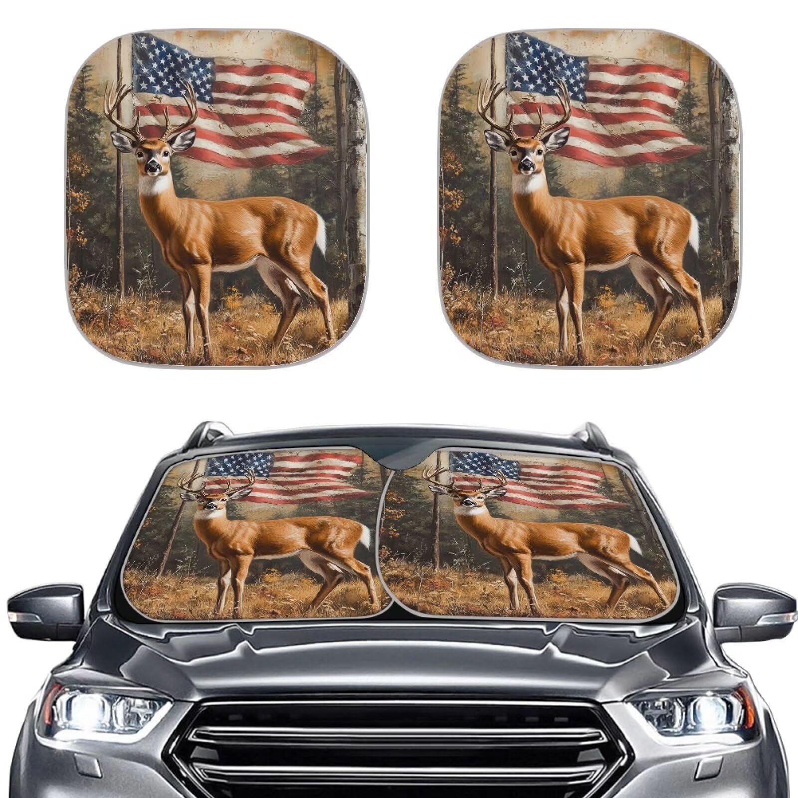 Universal Fit American Flag Deer Windshield Sun Shade - Reflective Fabric Blocks UV Rays & Keeps Car Cool - Foldable Sun Shield for Cars, Trucks & SUVs - Perfect for Summer, Road Trips & Outdoor Parking