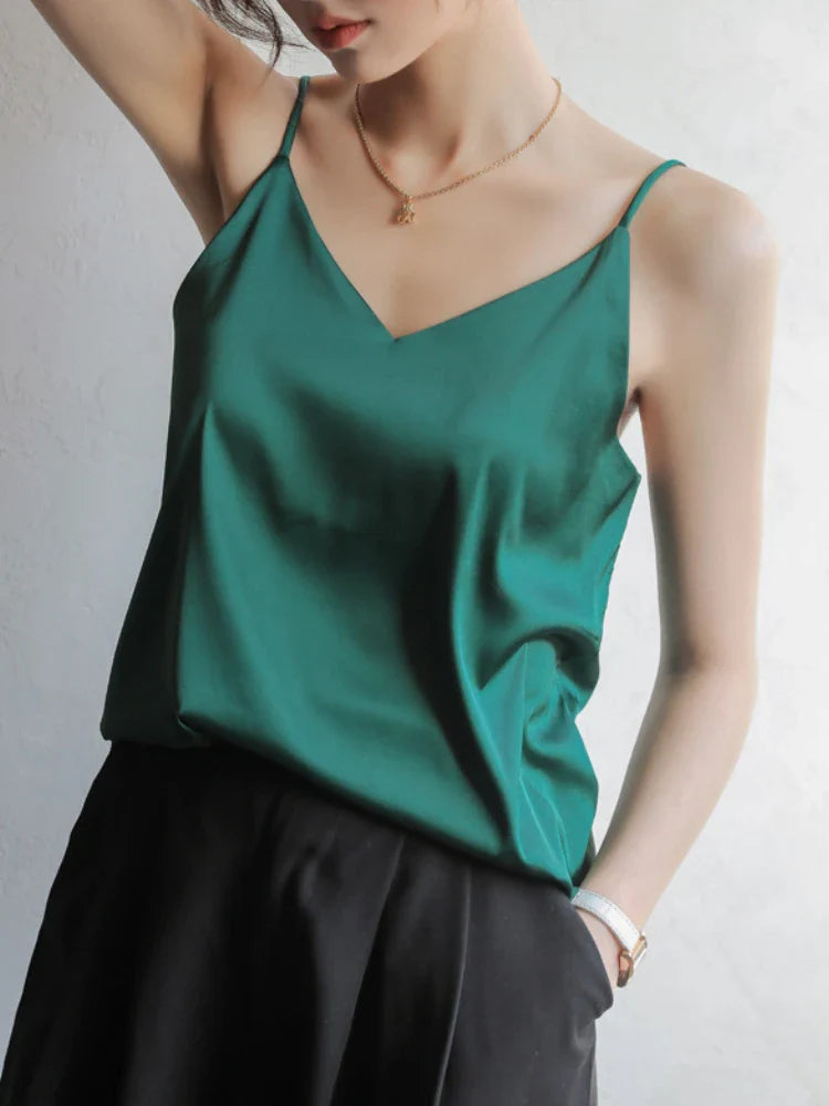 Acetate Satin Grey Camisole for Women - Loose Summer Spaghetti Strap Tank Top with V-Neck & Backless Design | Perfect for Layering, Beachwear & Night Out