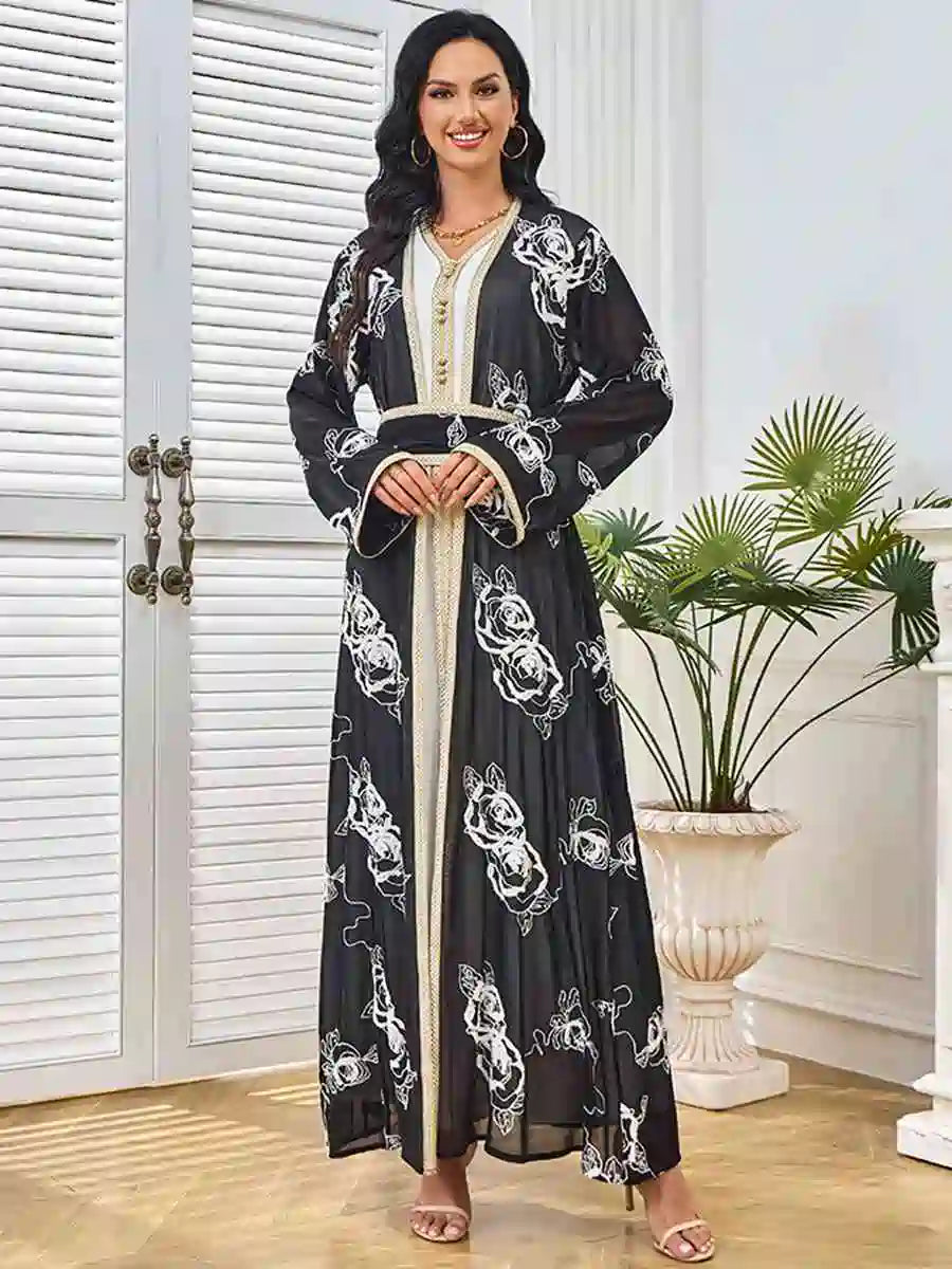 Elegant Eid 2-Piece Embroidered Caftan Dress Set with Sleeveless Inner Dress #25211 - Perfect for Muslim Women's Holiday Celebrations, Special Occasions & Wedding Guest Outfits