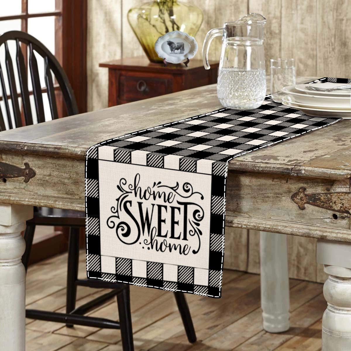 Farmhouse Home Sweet Home Buffalo Check Table Runner - 13x72 Inch Rustic Kitchen Dining Decor for Coffee Tables, Parties & Indoor/Outdoor Events - Perfect for Thanksgiving, Christmas & Seasonal Home Decor