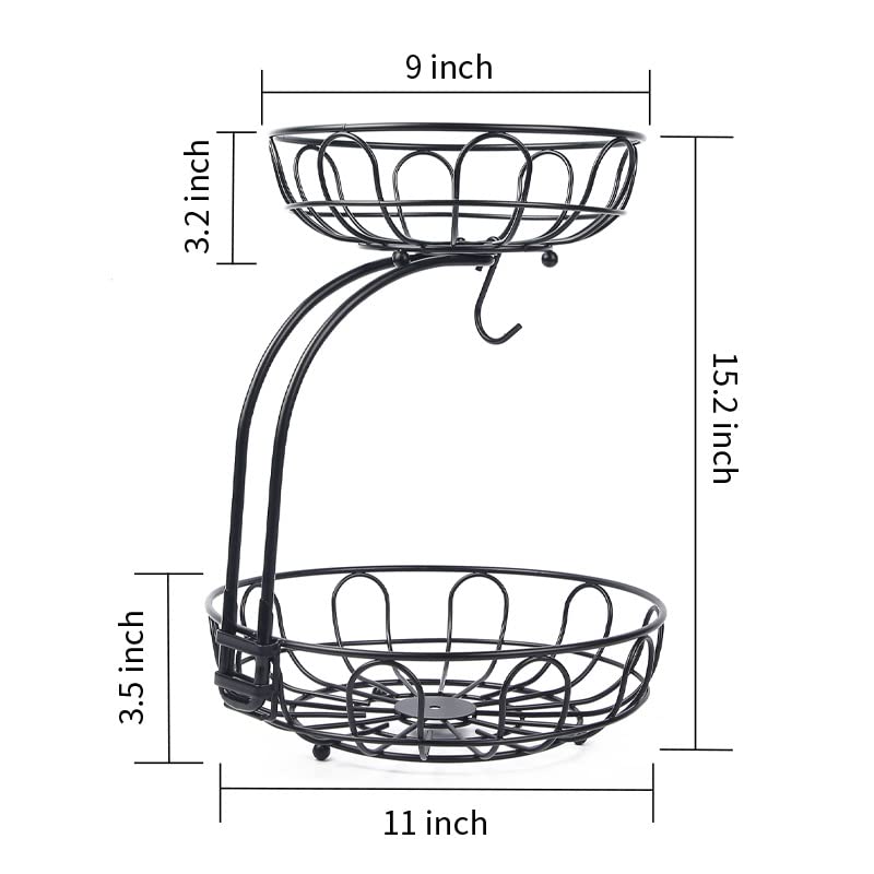 2 Tier Wrought Iron Fruit Basket - Kitchen Countertop Storage Organizer with Removable Wire Bowls & Banana Hanger - Perfect for Storing Fruits, Vegetables in Dining Room, Pantry or Breakfast Nook