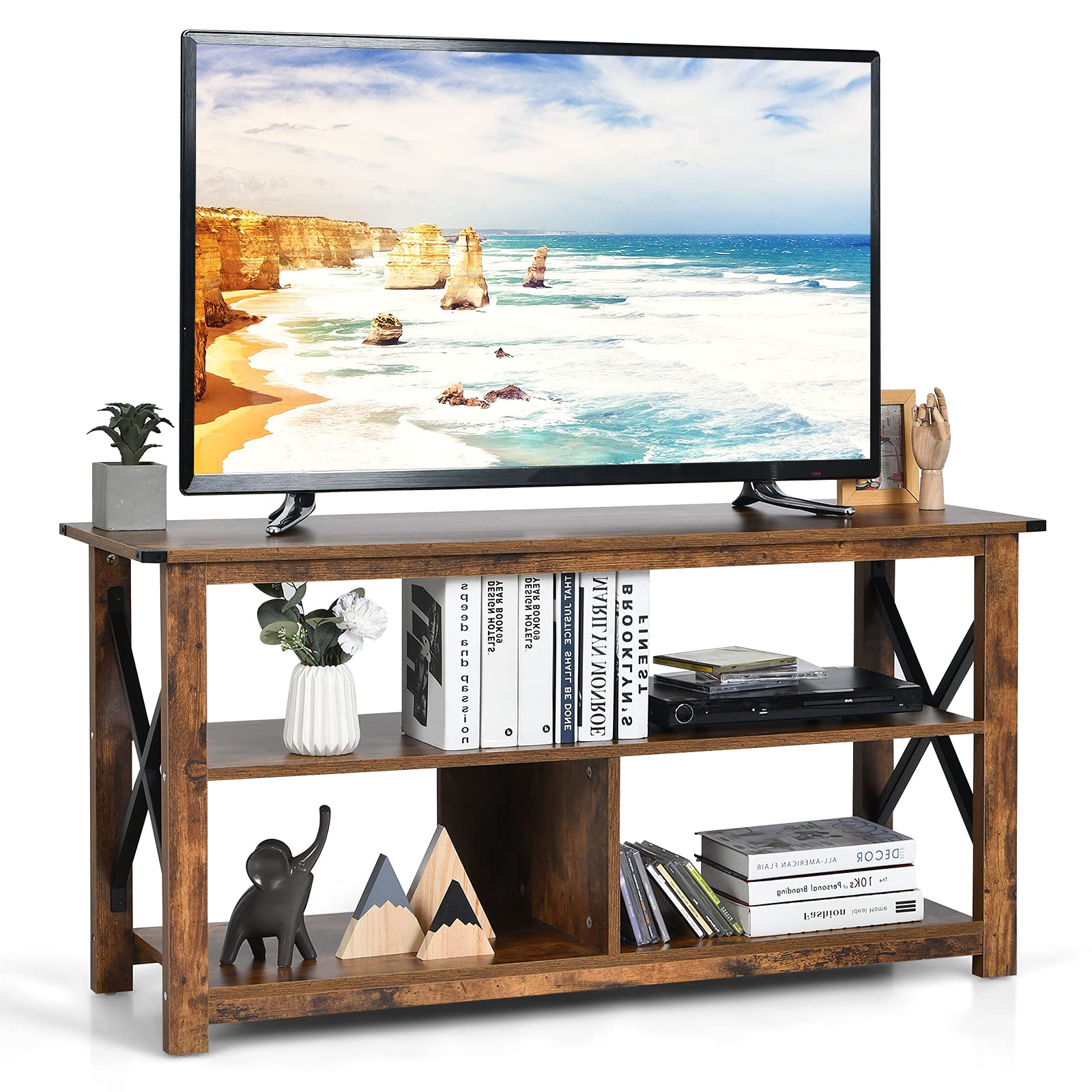 Tangkula 3-Tier Wooden TV Stand with Open Shelves & X-Shaped Frame - Farmhouse Style Entertainment Center for 55-Inch TVs - Sturdy TV Console Table for Living Room, Bedroom & Home Theater (Brown)