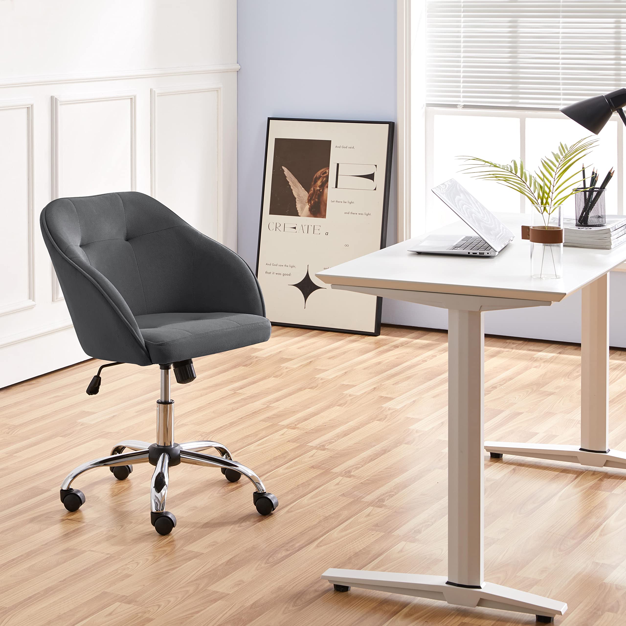Topeakmart Velvet Office Desk Chair with 360° Swivel & Height Adjustable - Modern Upholstered Task Chair with Metal Base & Armrests - Perfect for Home Office, Computer Work, Makeup Vanity & Study (Gray)