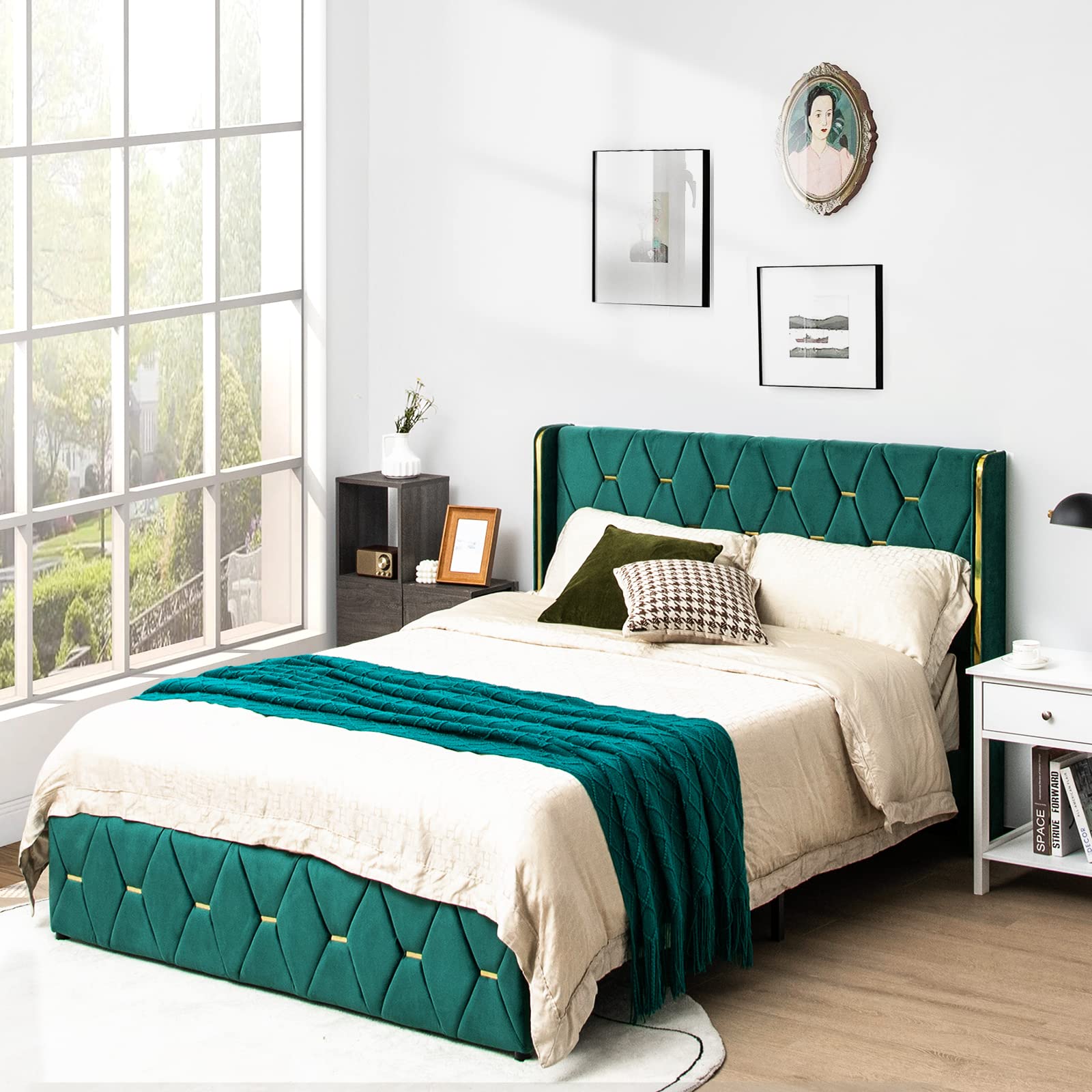 Giantex Full Size Upholstered Platform Bed Frame with Adjustable Headboard - Wooden Slat Support, Heavy Duty Gold Trim Tufted Design - No Box Spring Needed - Easy Assembly - Green Velvet - Perfect for Modern Bedrooms, Guest Rooms & Small Spaces