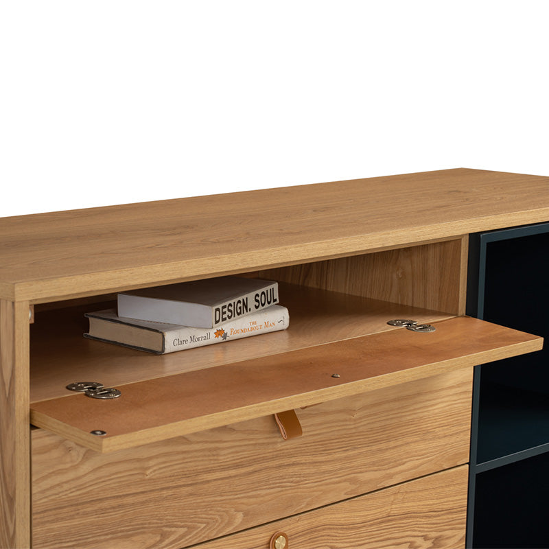 CASTOR Sideboard Buffet 125cm - Modern Wooden Storage Cabinet with 3 Drawers & Doors in Natural, Navy Blue & Black - Perfect for Dining Room, Living Room & Entryway Organization