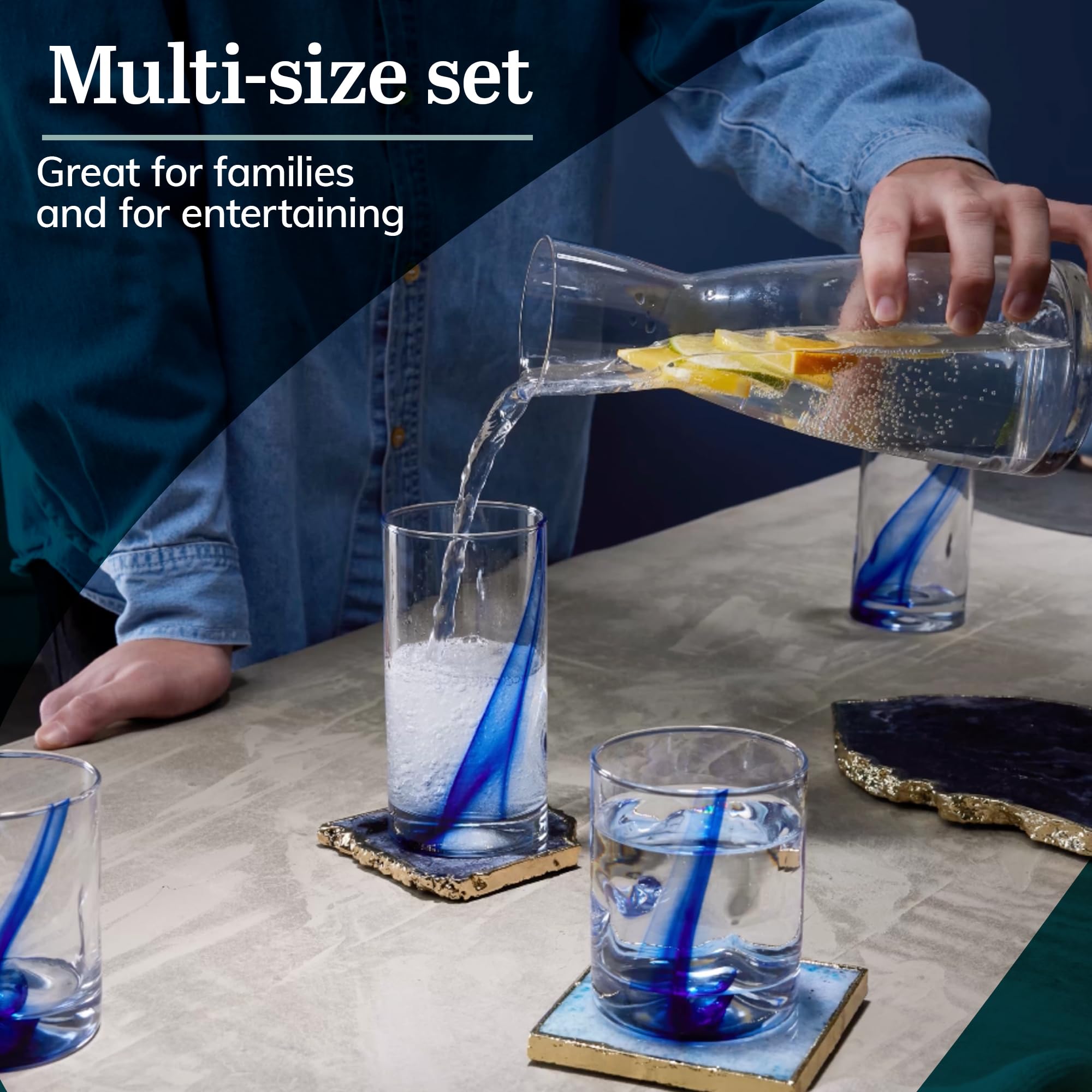 Libbey 99104 Blue Ribbon 16-Piece Glassware Set - Clear Tumbler & Rocks Glasses, Dishwasher Safe Drinkware for Cocktails, Iced Coffee & Entertaining