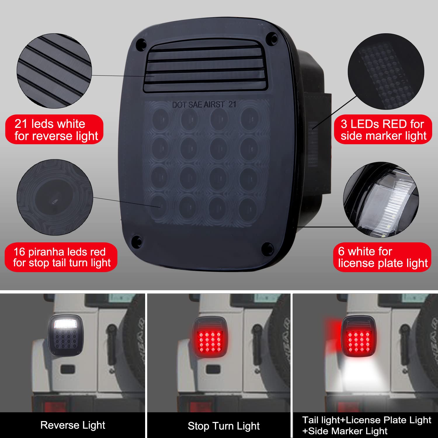 2Pcs Smoked Rear Square LED Tail Lights - Red Stop Turn Signal Brake Lamps with Side Markers - Replacement for 1979-2006 Jeep Wrangler TJ YJ CJ-5 CJ-7 - Perfect for Off-Roading & Night Driving Safety