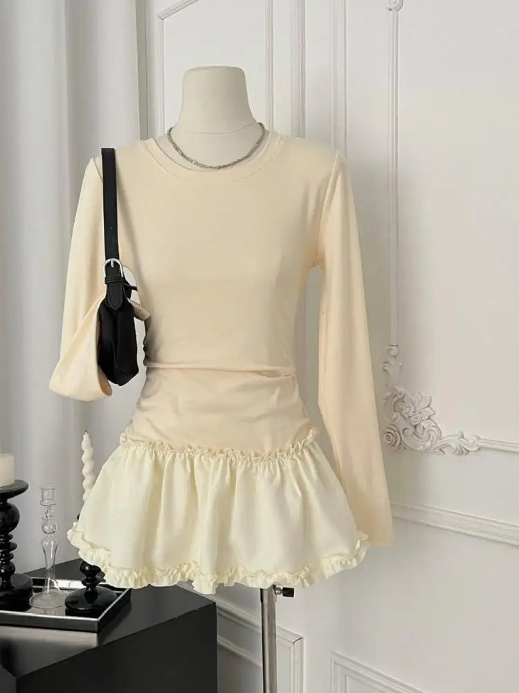 2024 Autumn Winter Women's Fashion Black & Beige Round Neck Long Sleeve Pleated Mini Dress with Ruffles - Elegant Sexy Short Dress for Party, Dating & Office Wear