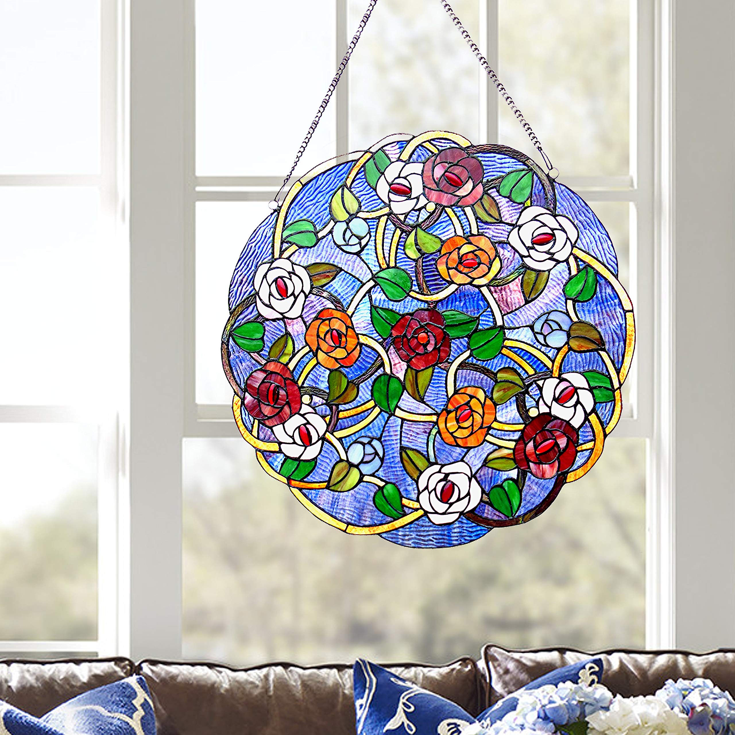 Tiffany-Style Stained Glass Roses Window Panel - 24 Inch Handcrafted Art Glass Decor for Home, Church & Office