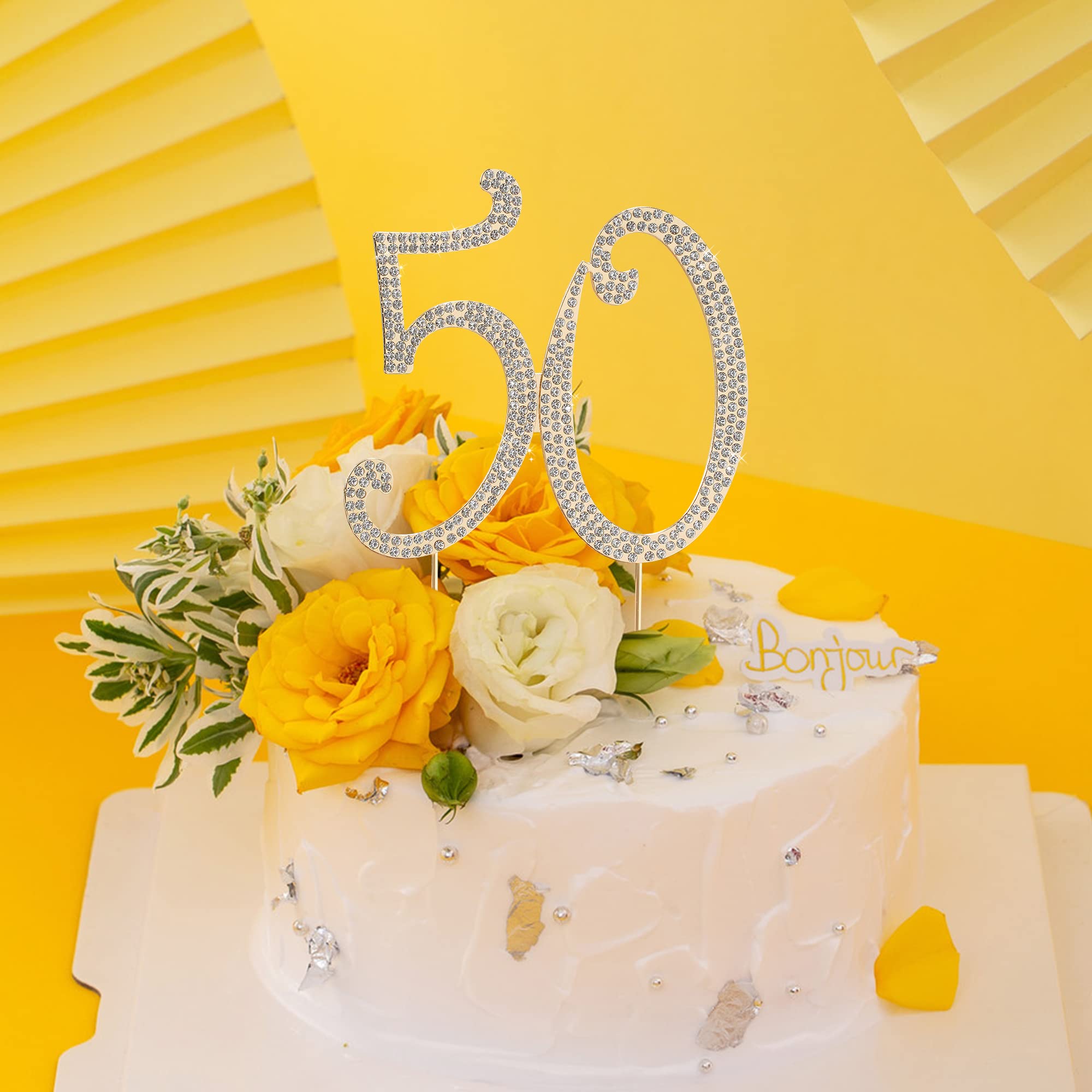 50th Birthday Cake Topper - Gold Glitter Rhinestone Cake Decorations for Anniversary Party, Wedding, Retirement Celebration - Elegant Cake Topper for Special Occasions