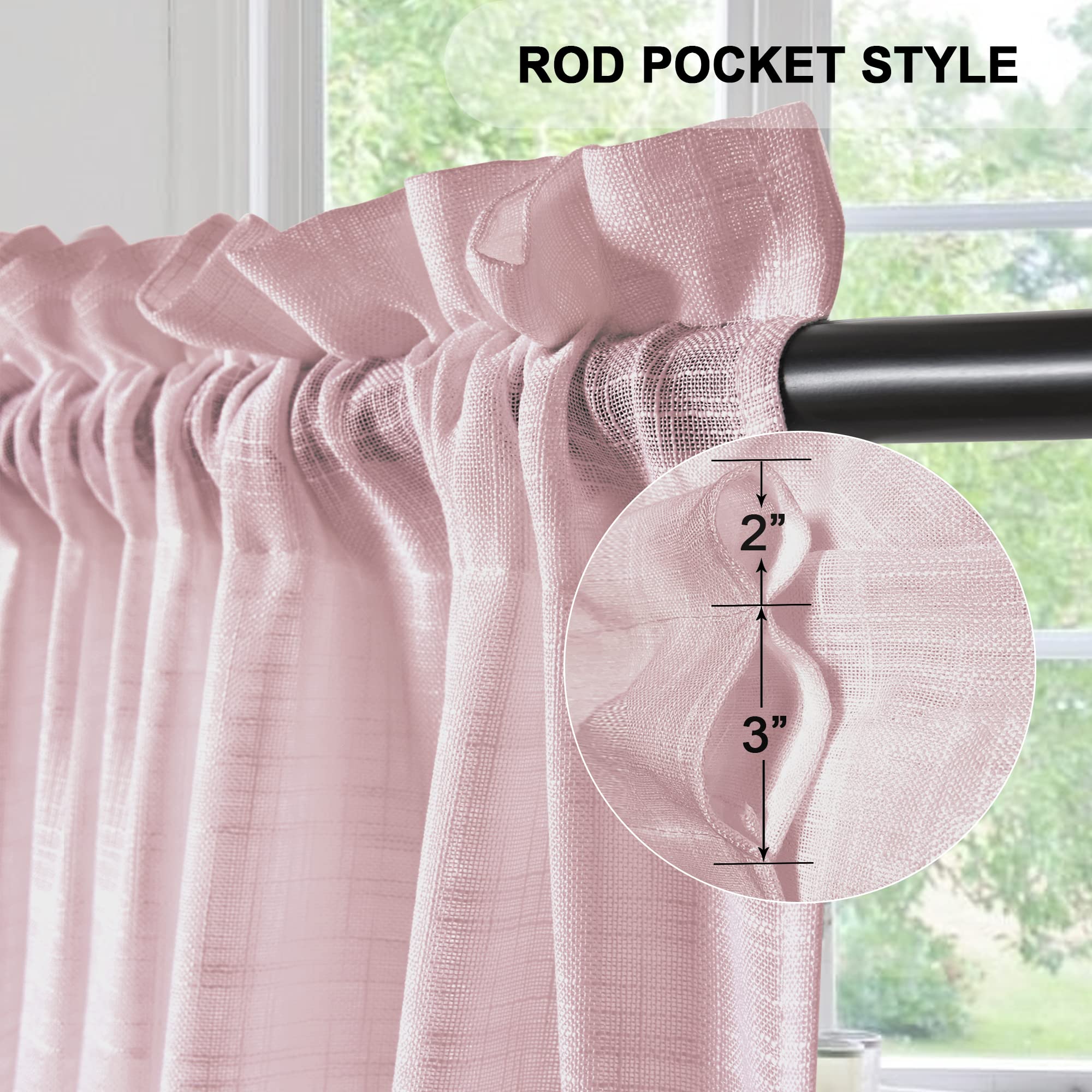 Kinryb Pink Sheer Curtains 52x36 Inches - Light Filtering Semi-Transparent Faux Linen Window Drapes with Rod Pocket, Soft Pink Kitchen Curtains for Small Windows (1 Pair) - Perfect for Bedroom, Living Room & Bathroom Privacy