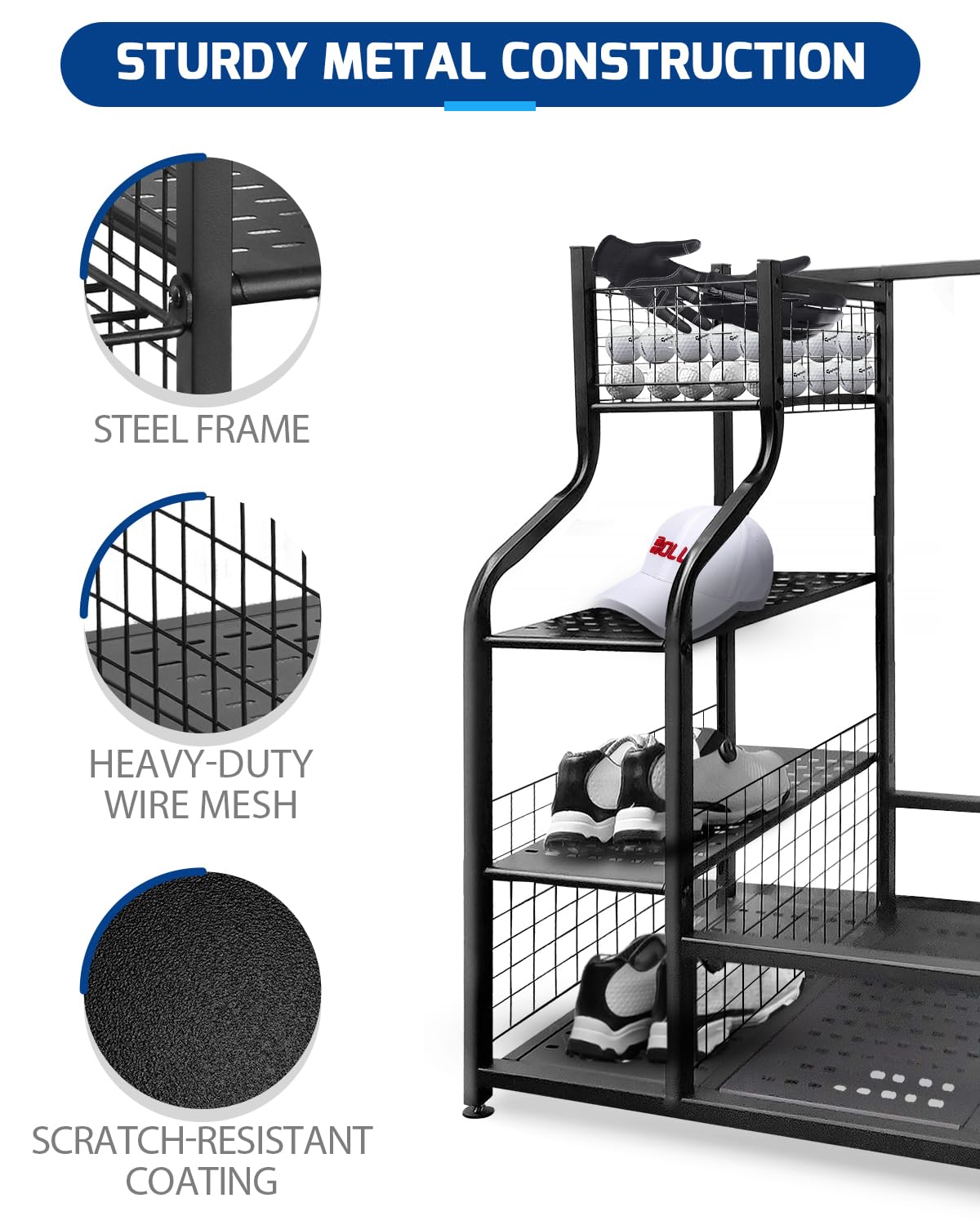 Mythinglogic Golf Storage Organizer - Heavy Duty Golf Bag Rack for Garage, Wall Mounted Golf Equipment Holder, Golf Club Storage Solution - Perfect for Home, Garage & Golf Course Organization