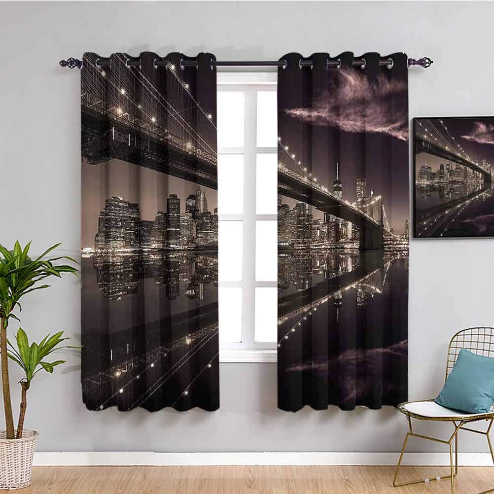 Blackout Curtains W63 x L45 Inch - Brooklyn Bridge Sunset NYC Skyline Design for Bedroom, Living Room | Thermal Insulated Light Blocking Drapes in Pale Brown Dried Rose | Perfect for City Apartments, Home Theater & Night Shift Workers