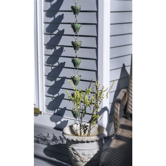Tulip Rain Chain Verde - 8.5 ft Decorative Garden Water Chain with 13 Large Cups | Perfect for Downspout Drainage, Patio Decor & Japanese-Style Landscaping