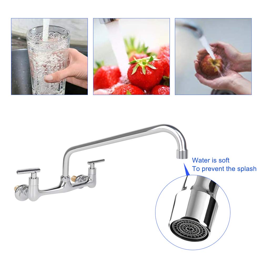 XIUBE 14-Inch Swivel Spout Wall Mount Commercial Kitchen Sink Faucet - 8-Inch Centerset, 2-Handle Chrome Finish for Restaurant & Prep Sink - Ideal for Backsplash Mount & Compartment Kitchens